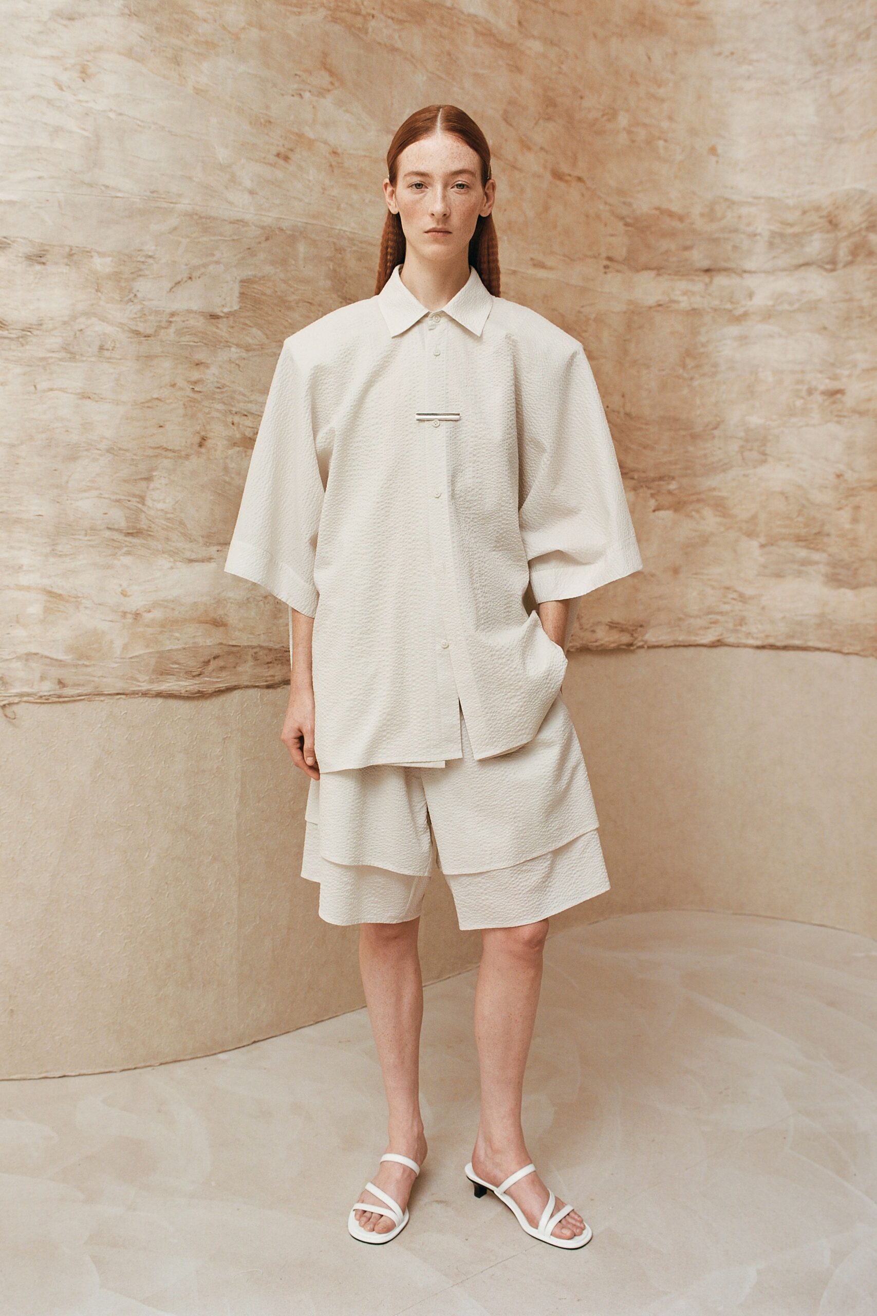white cotton short-sleeve collared relaxed textured shirt