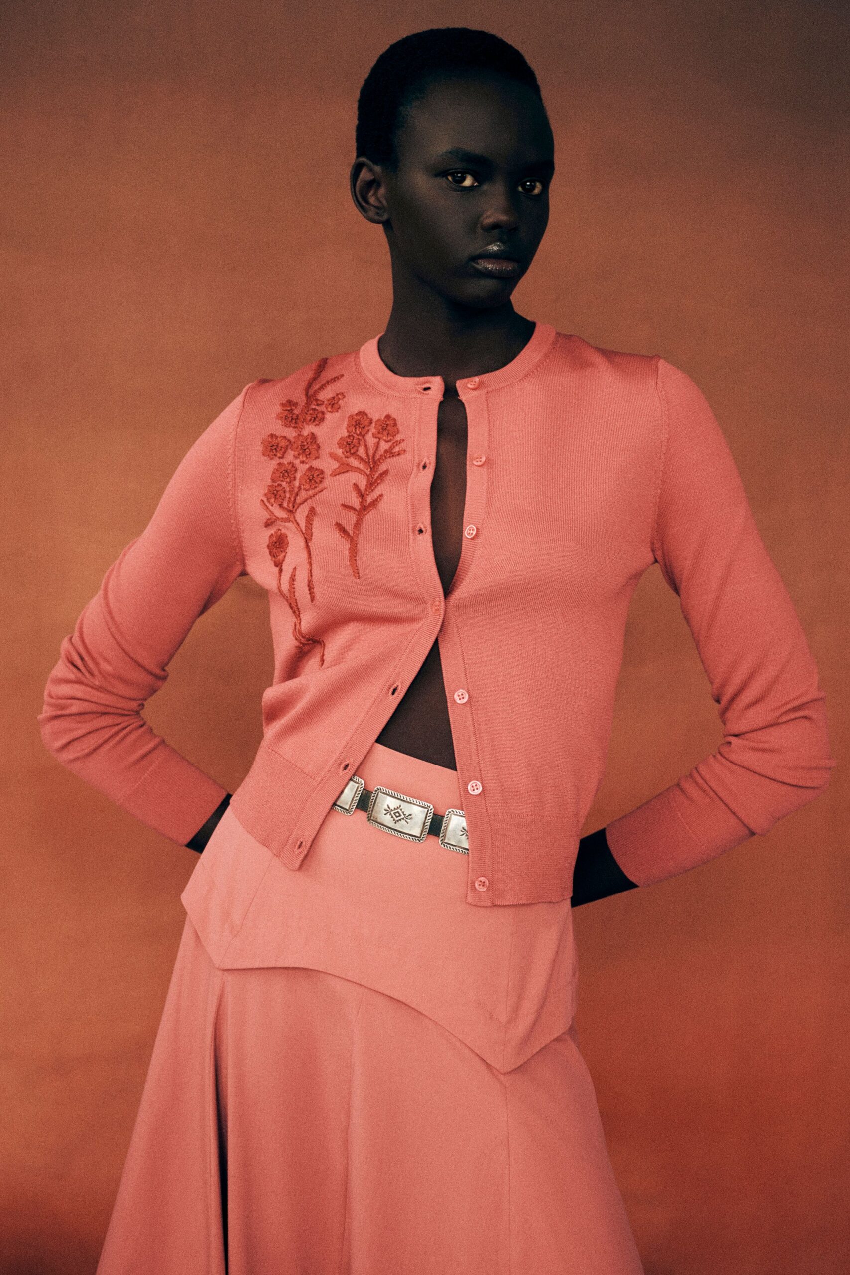 pink cotton long-sleeve collared fitted embroidered cardigan