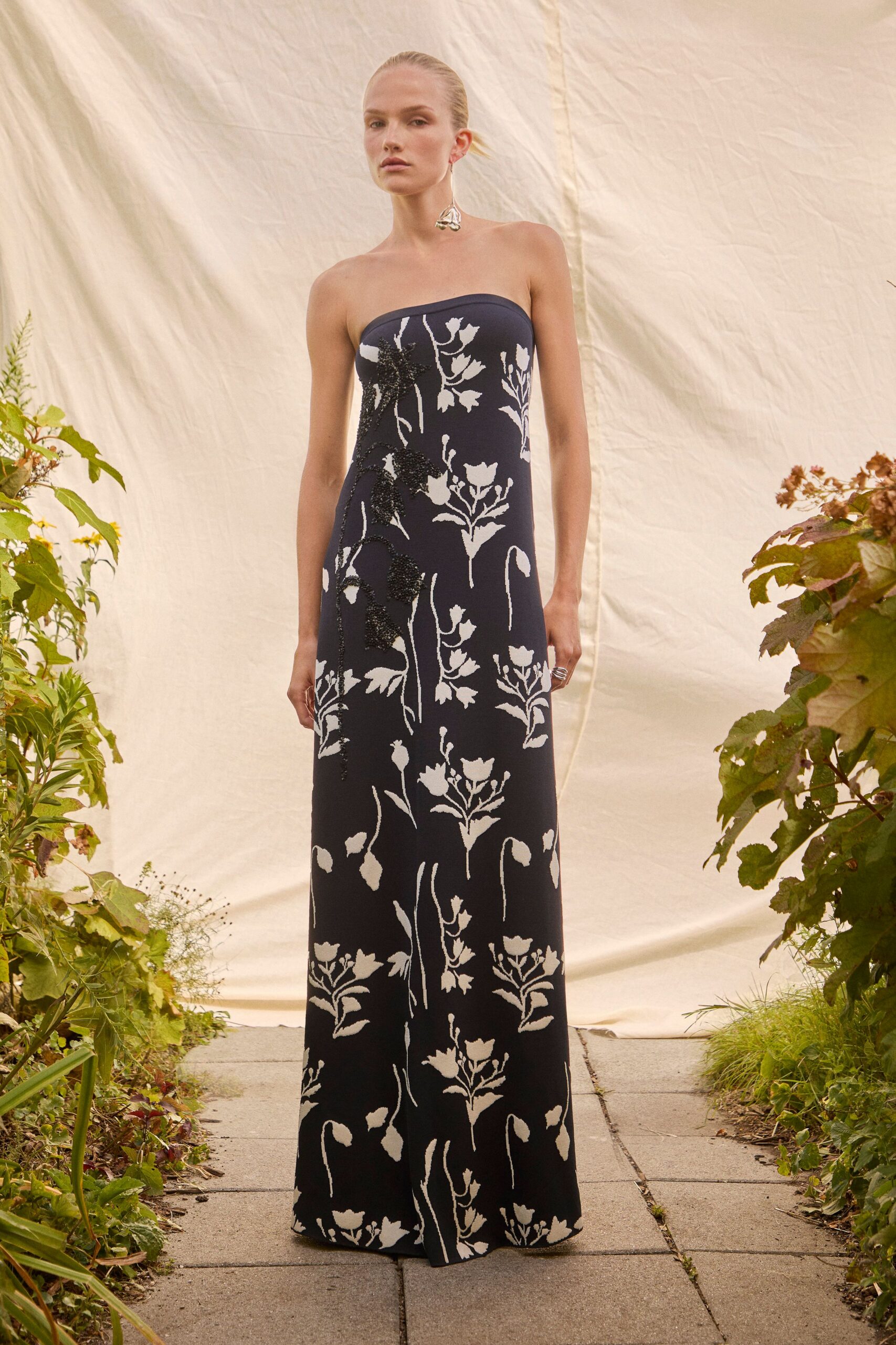 navy floral embroidered gown