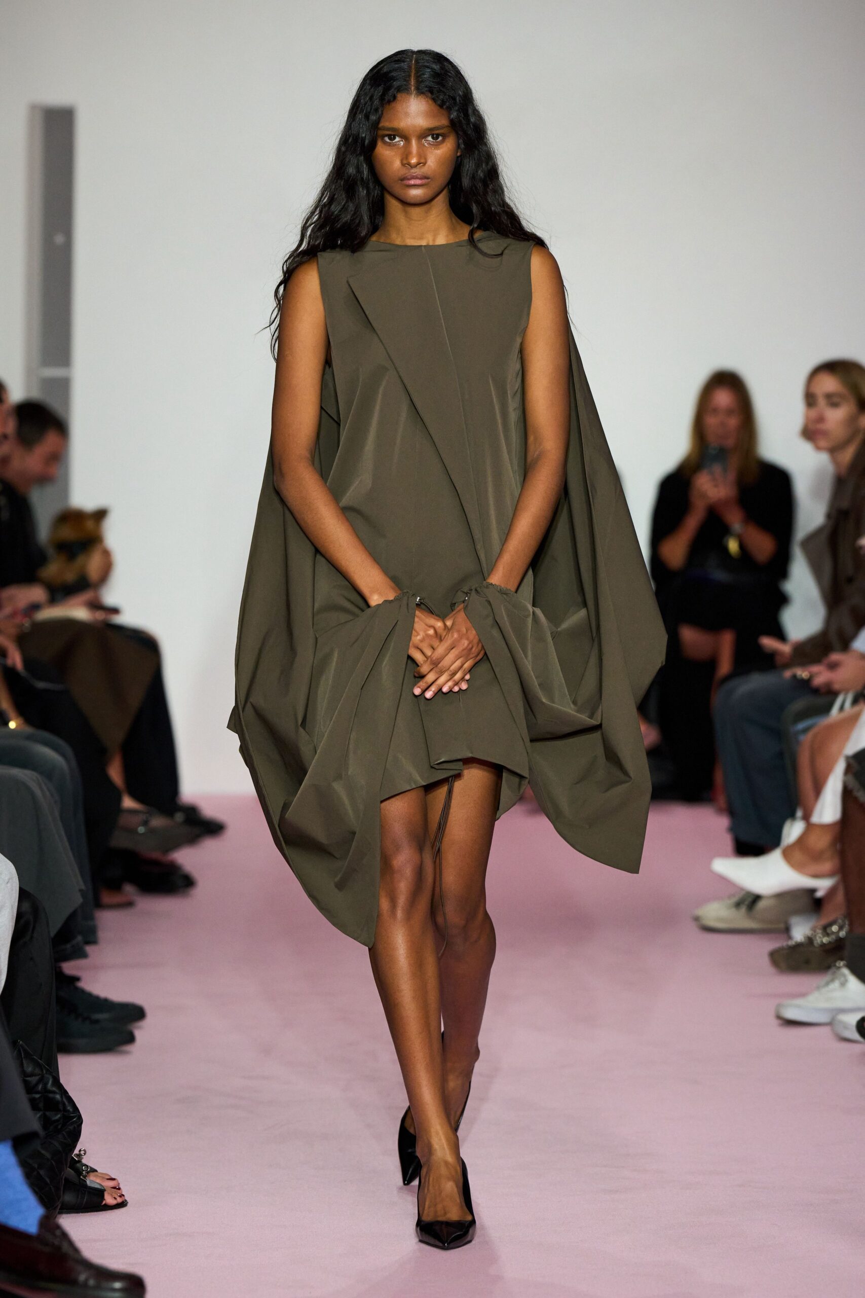 green cotton sleeveless high-neck fitted draped mini dress