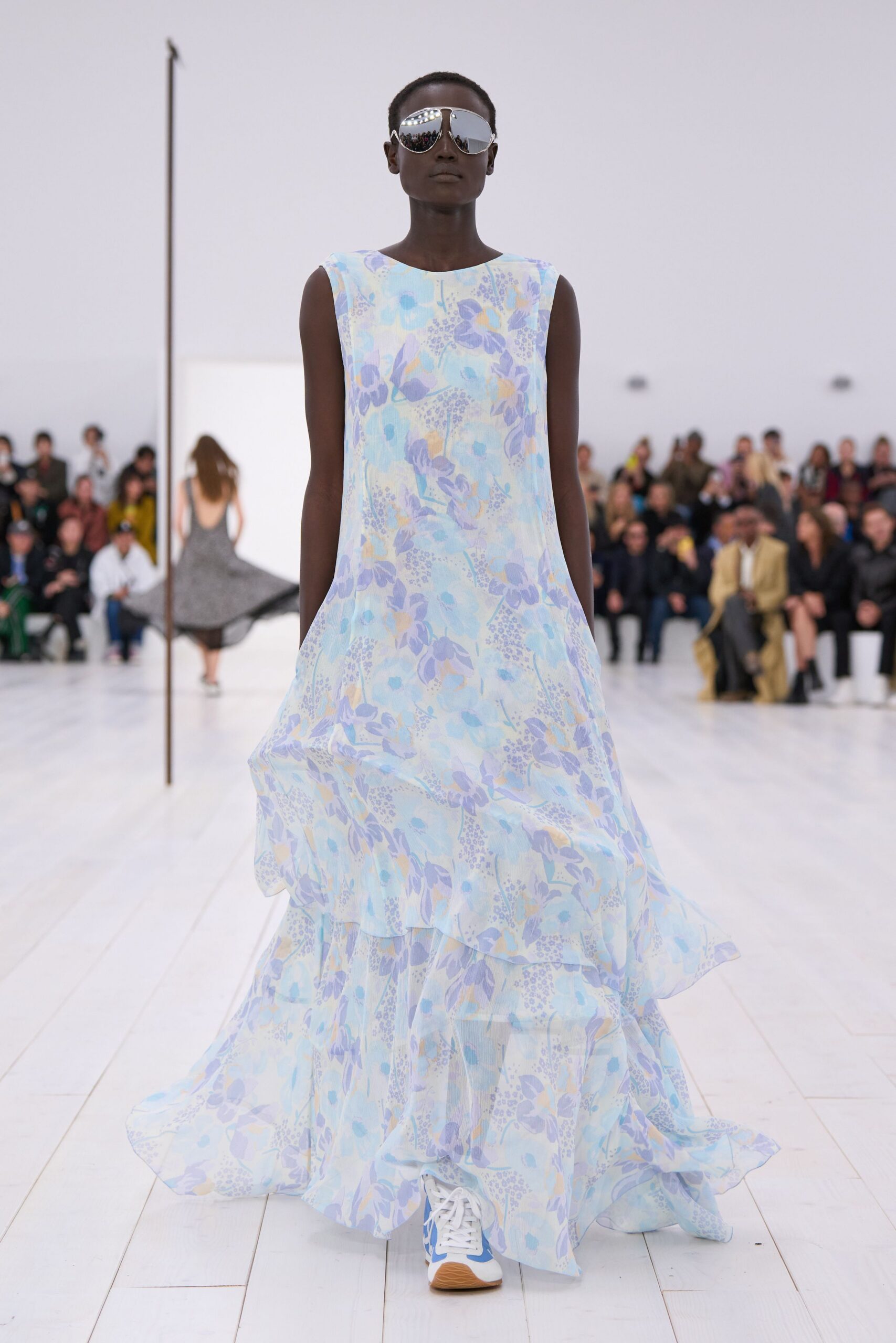 blue chiffon sleeveless high-neck relaxed floral tiered dress