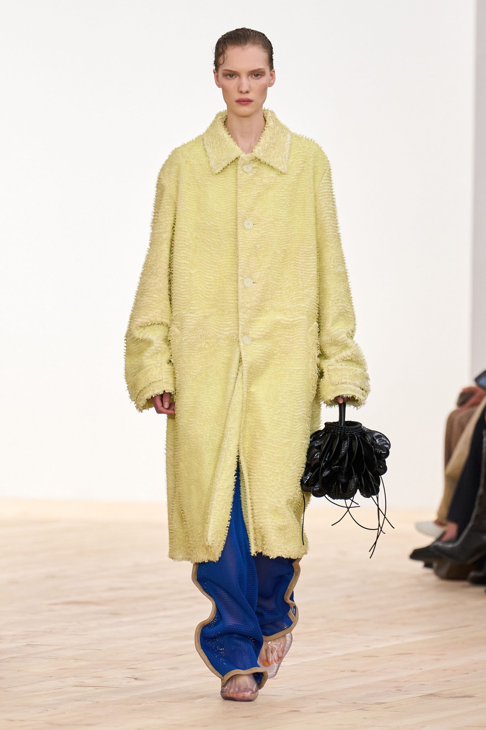 yellow fur long-sleeve collared oversized textured coat