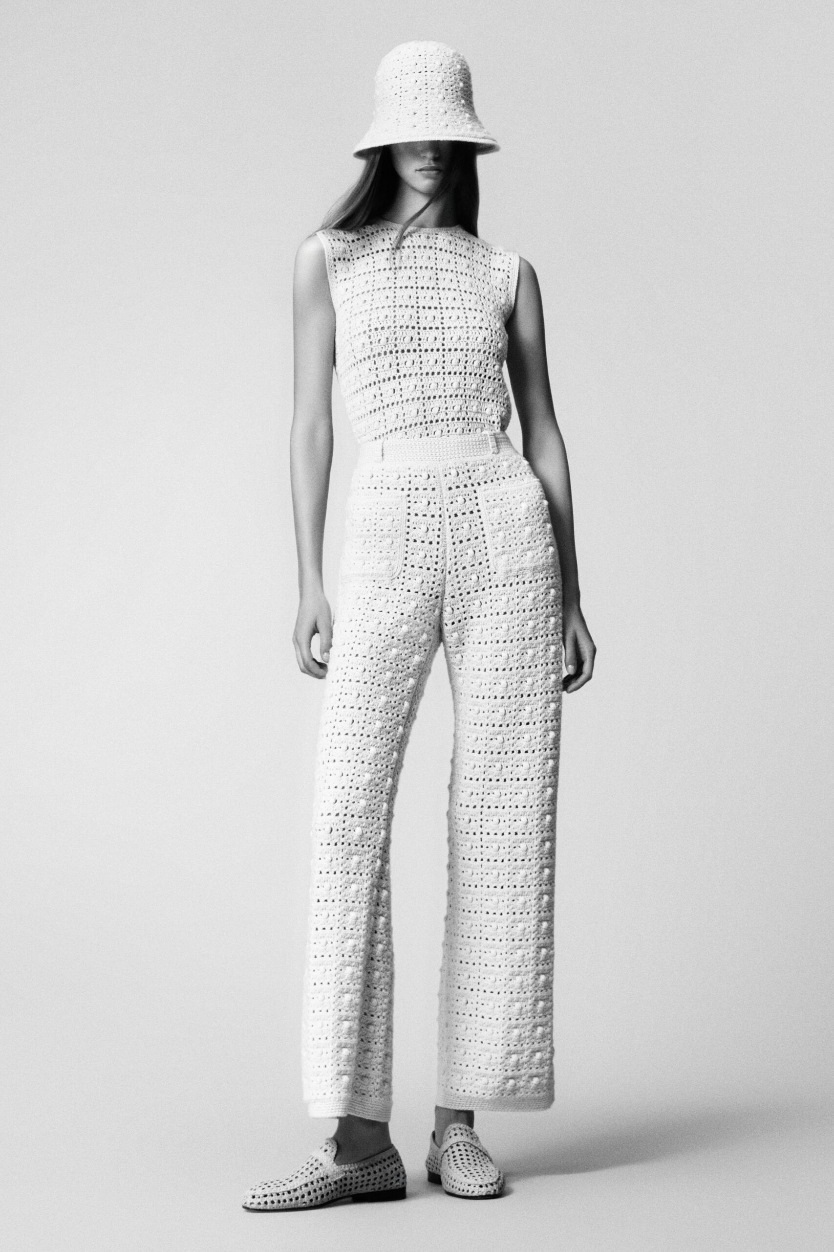 white crochet relaxed wide-leg textured pants