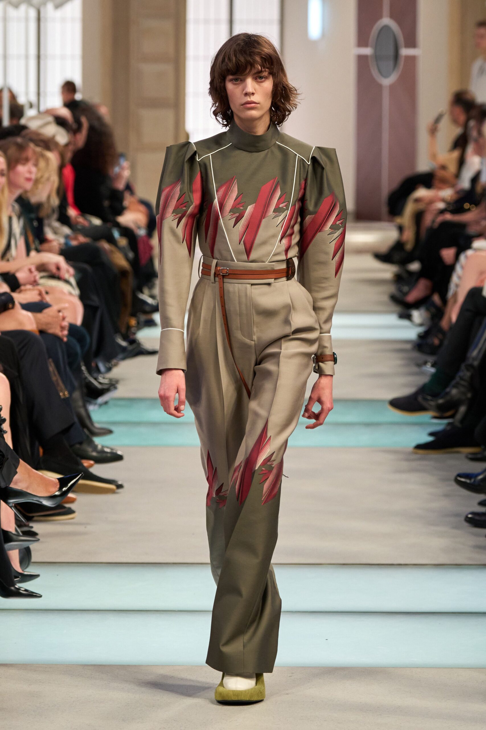 green beige embroidered jumpsuit with yellow shoes