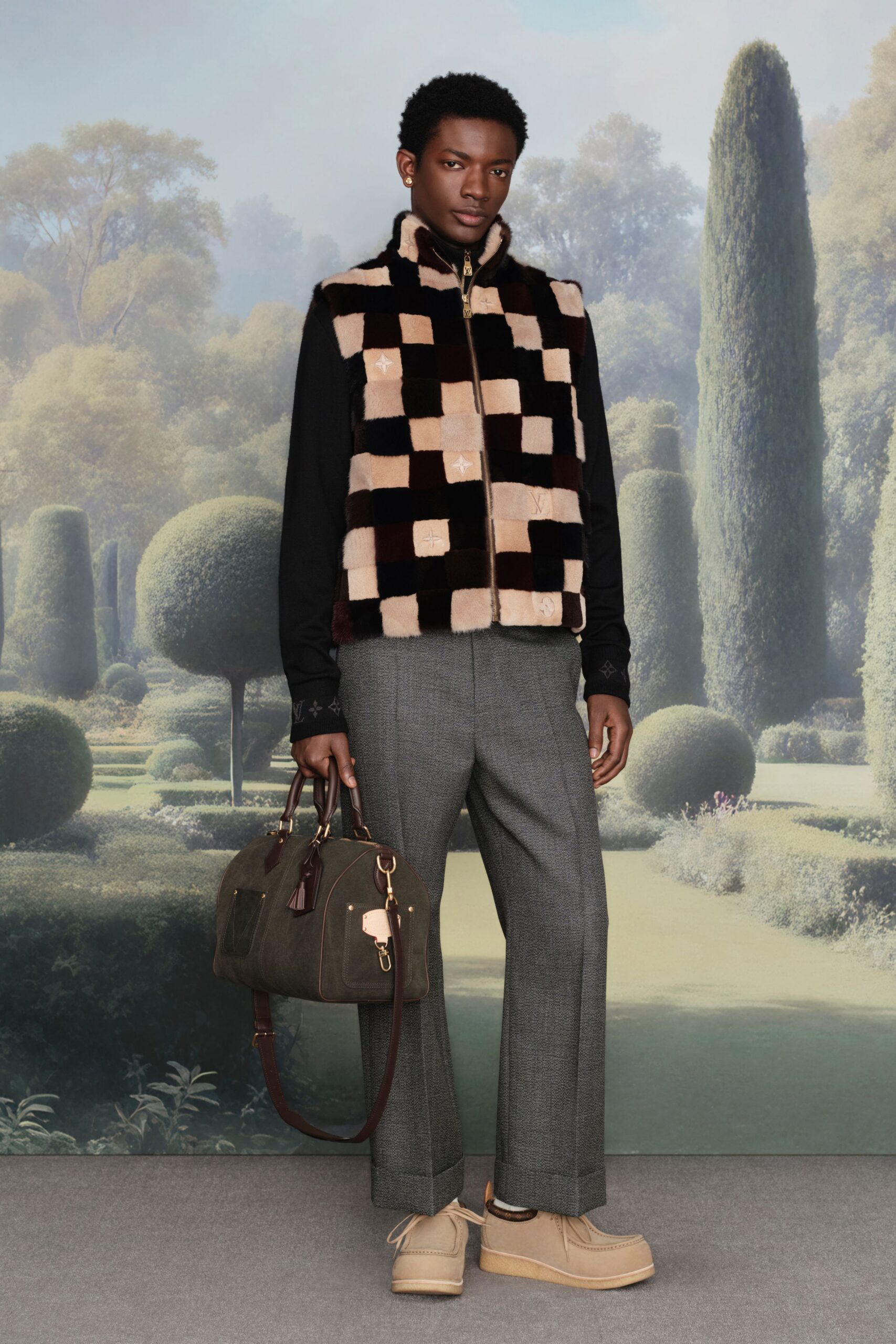 brown fur sleeveless collared fitted checked vest