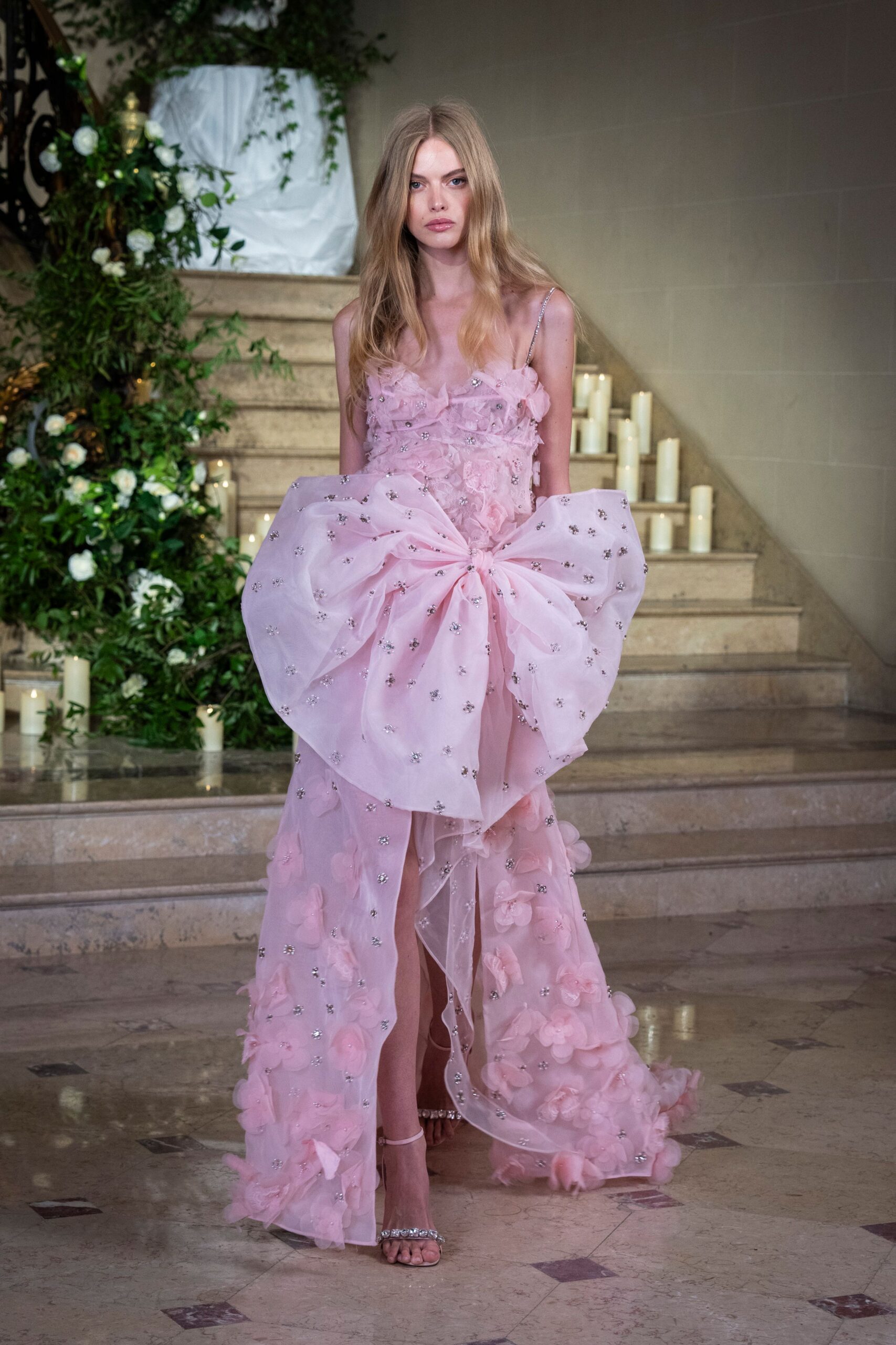 pink silk sleeveless v-neck fitted ruffled embellished gown