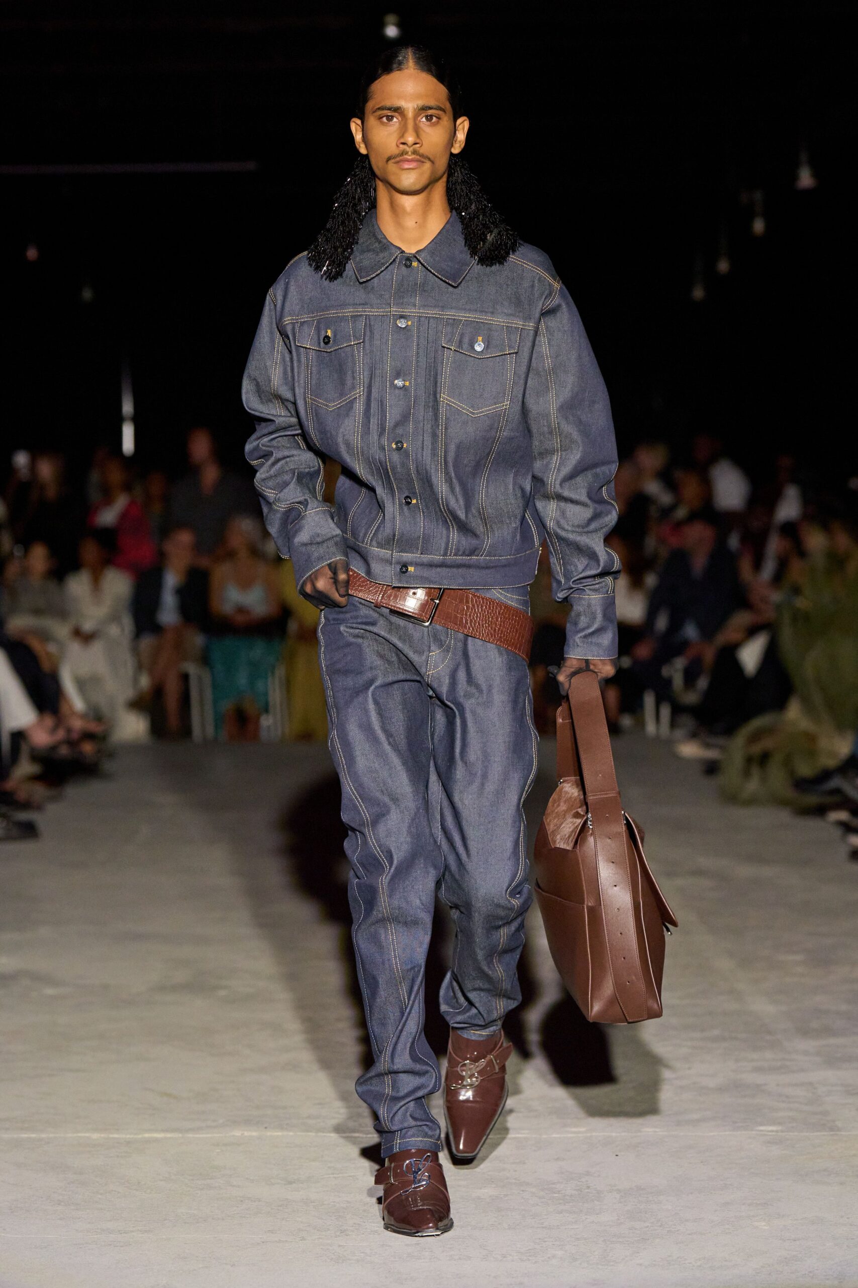 blue denim fitted high-waisted straight-leg pants