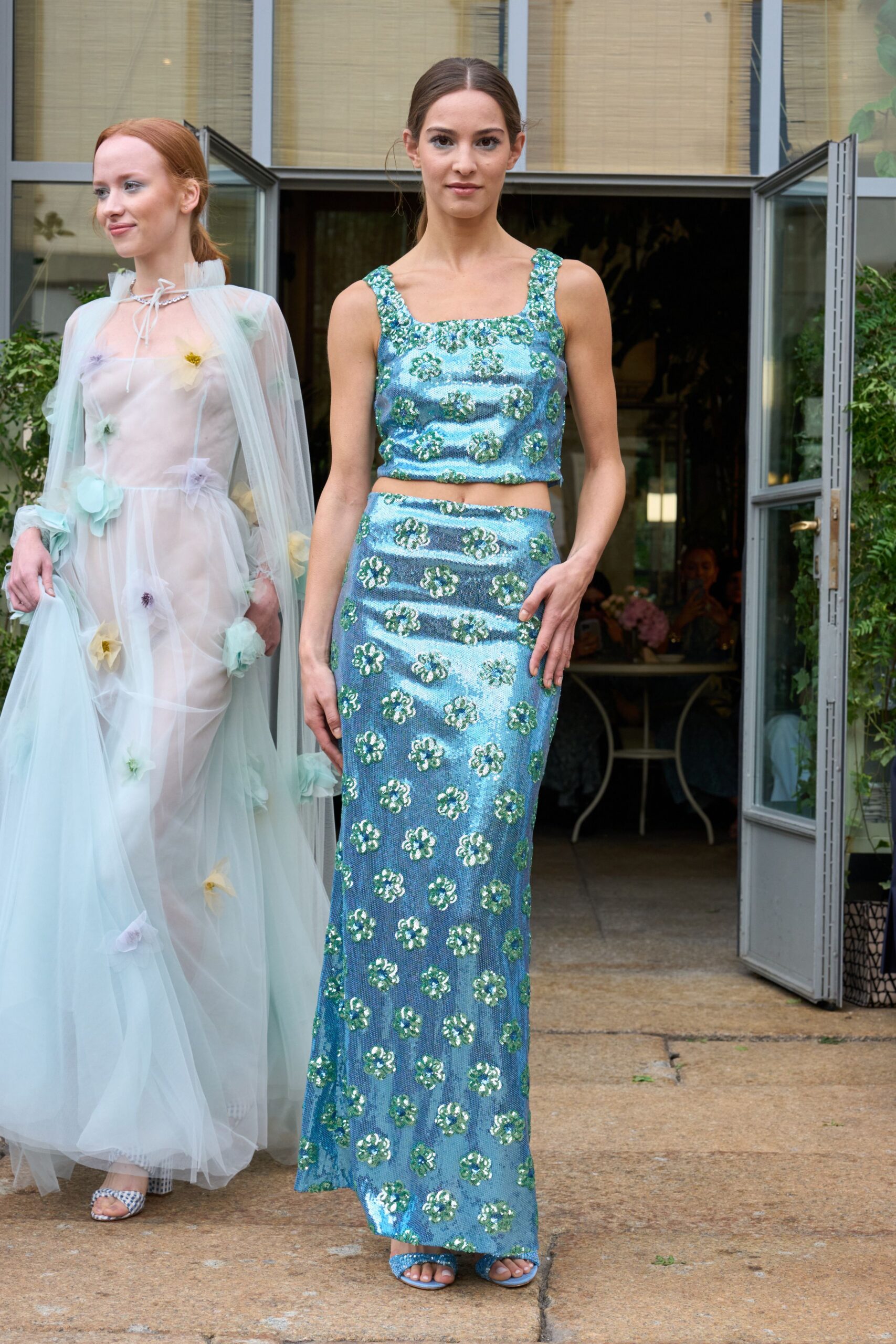 blue embroidered crop-top and skirt