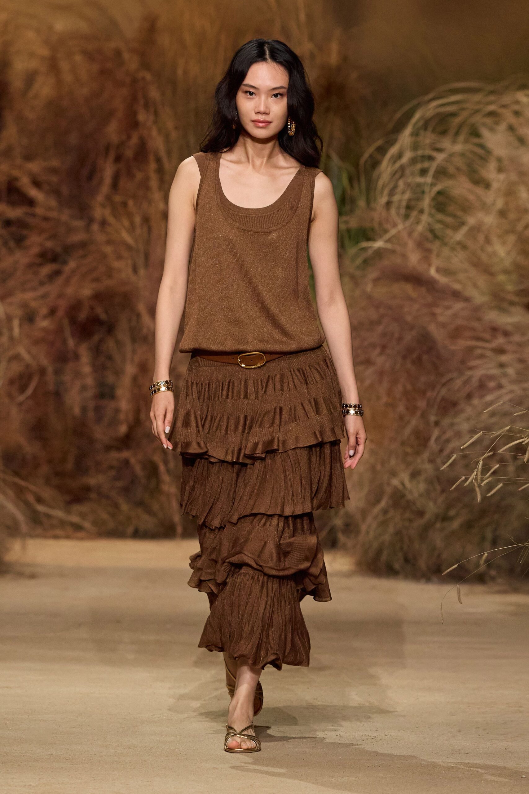 brown tiered midi skirt and top