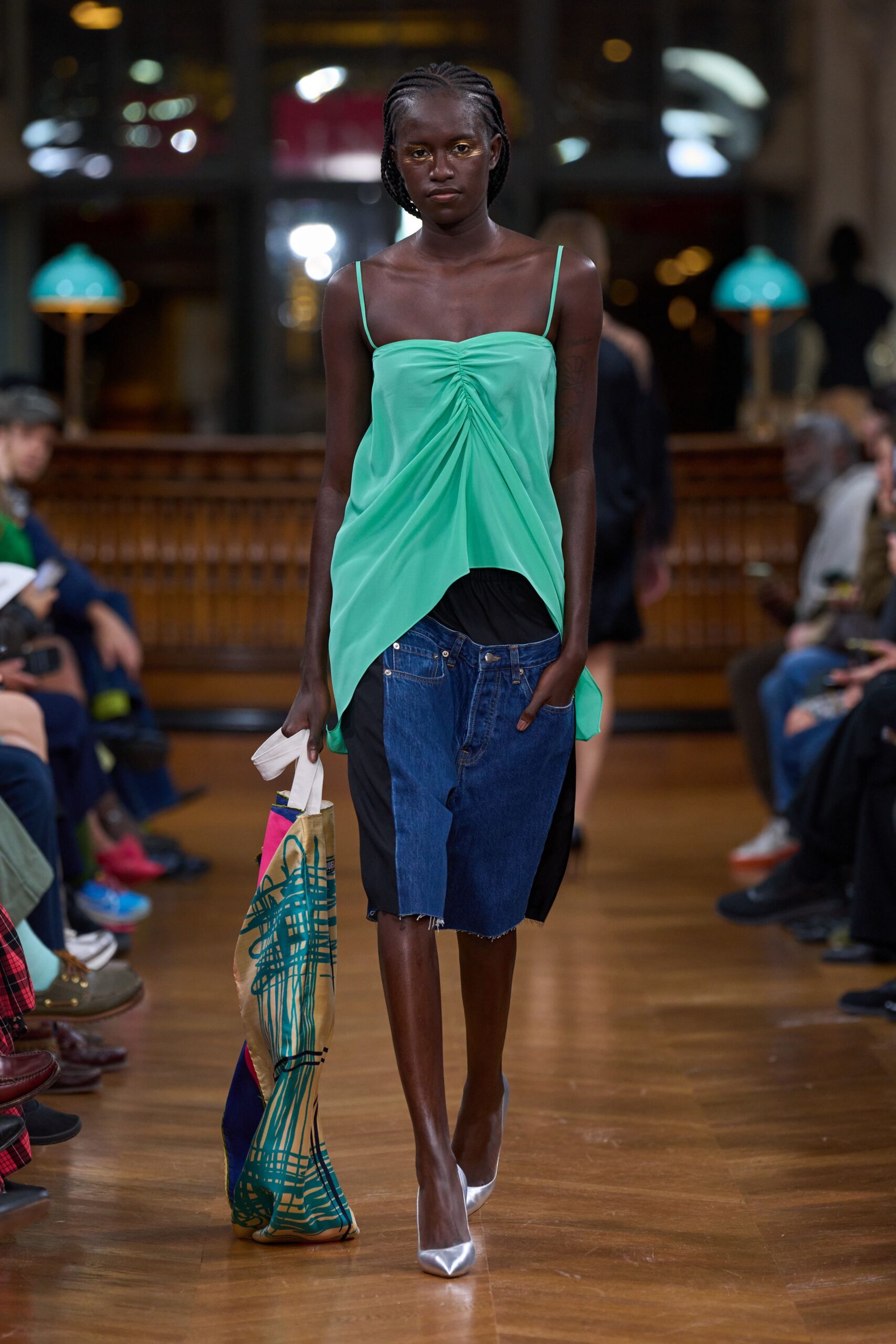 green silk top with denim skirt