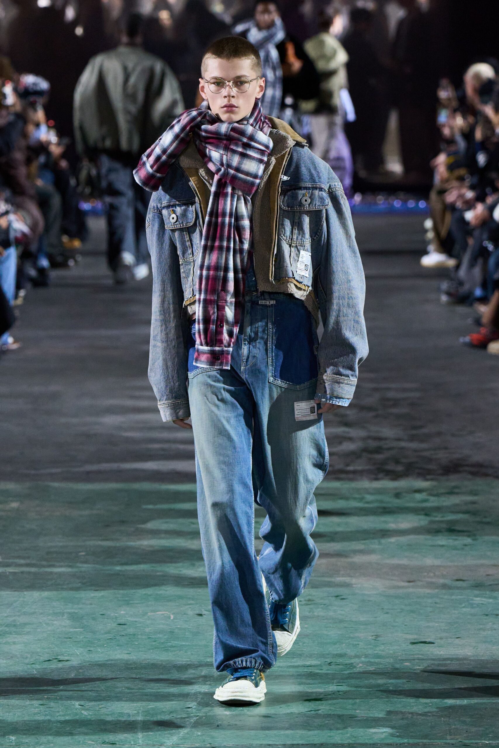 denim jacket with plaid scarf