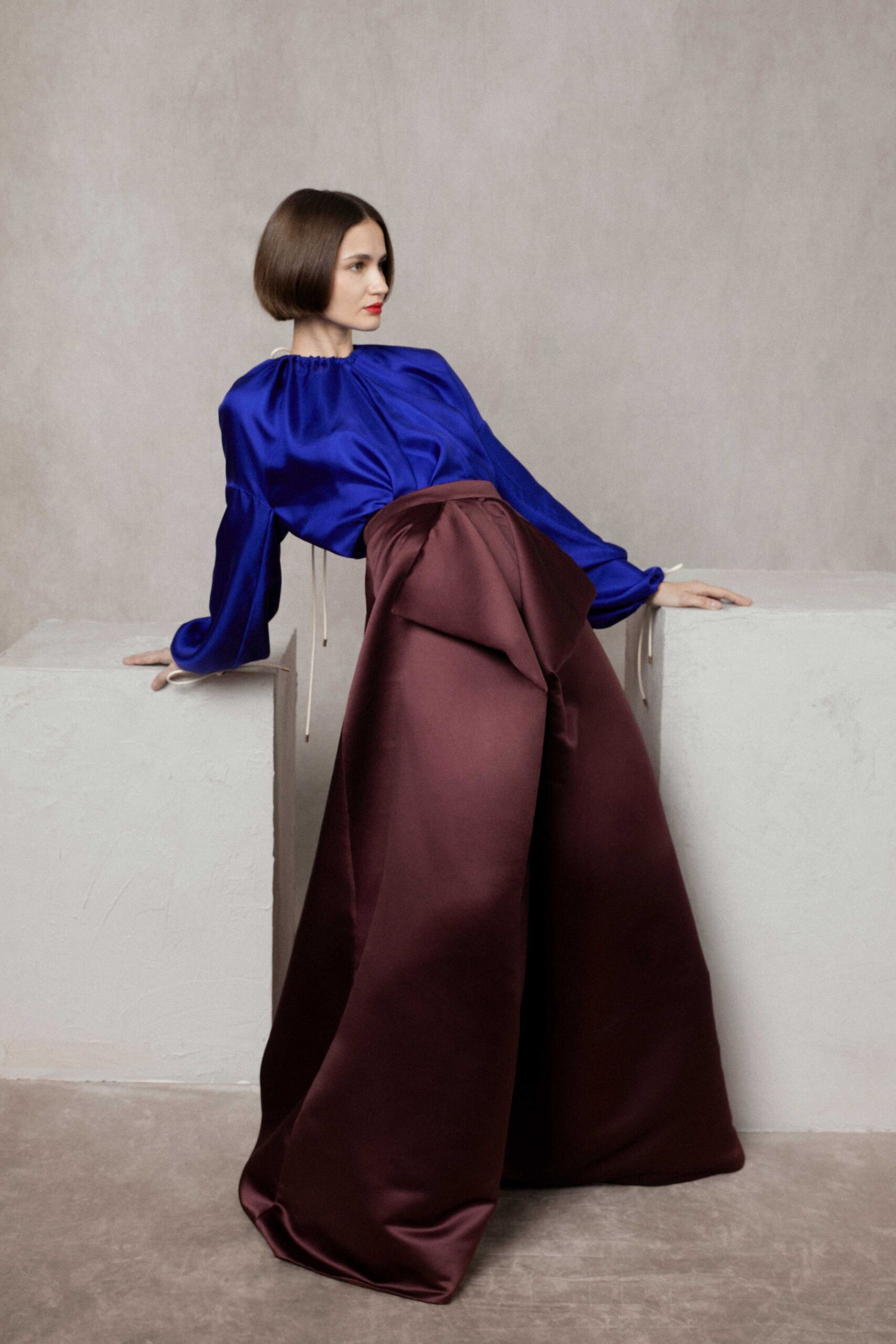 maroon silk fitted wide-leg draped pants