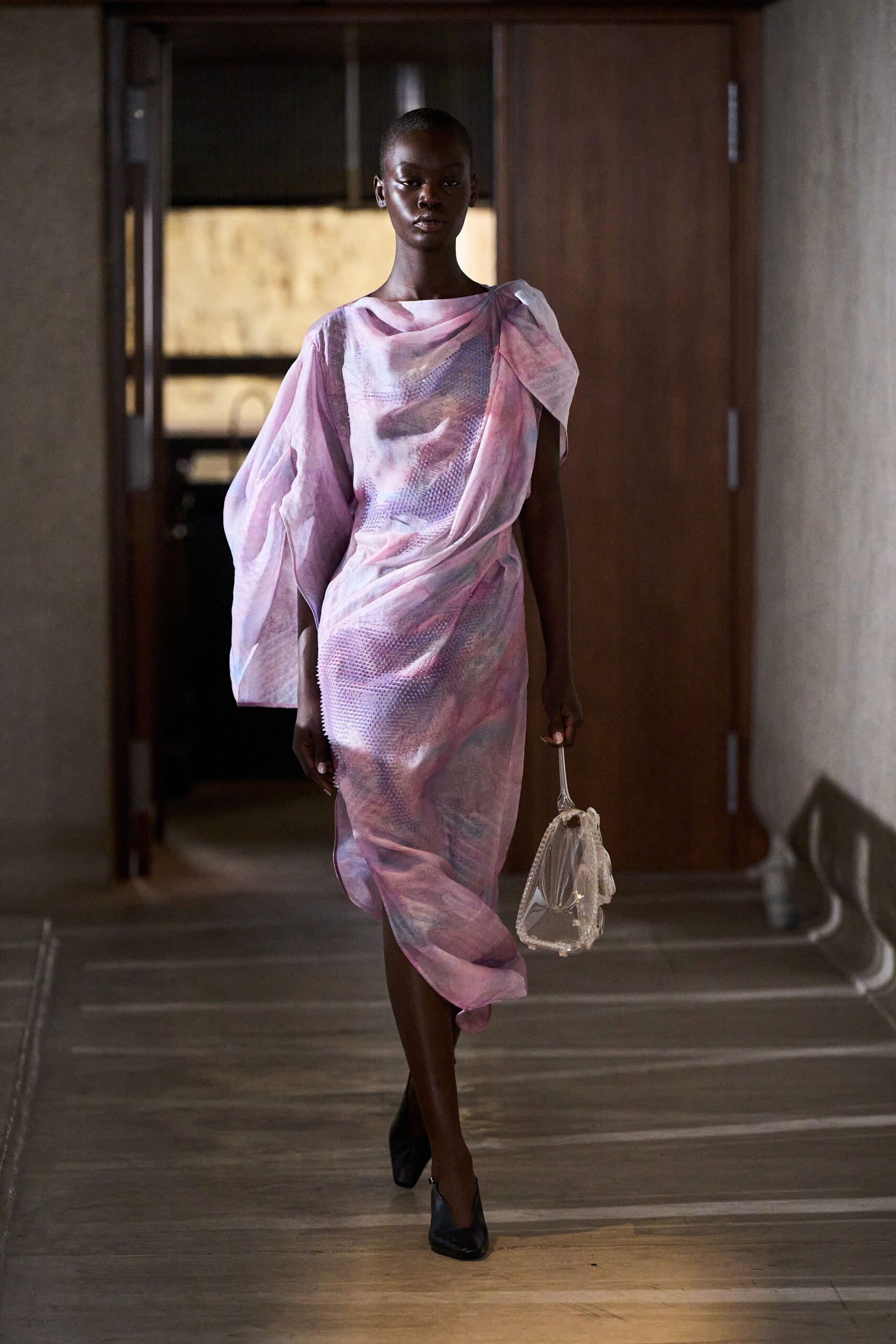 pink silk long-sleeve v-neck relaxed draped flowing dress