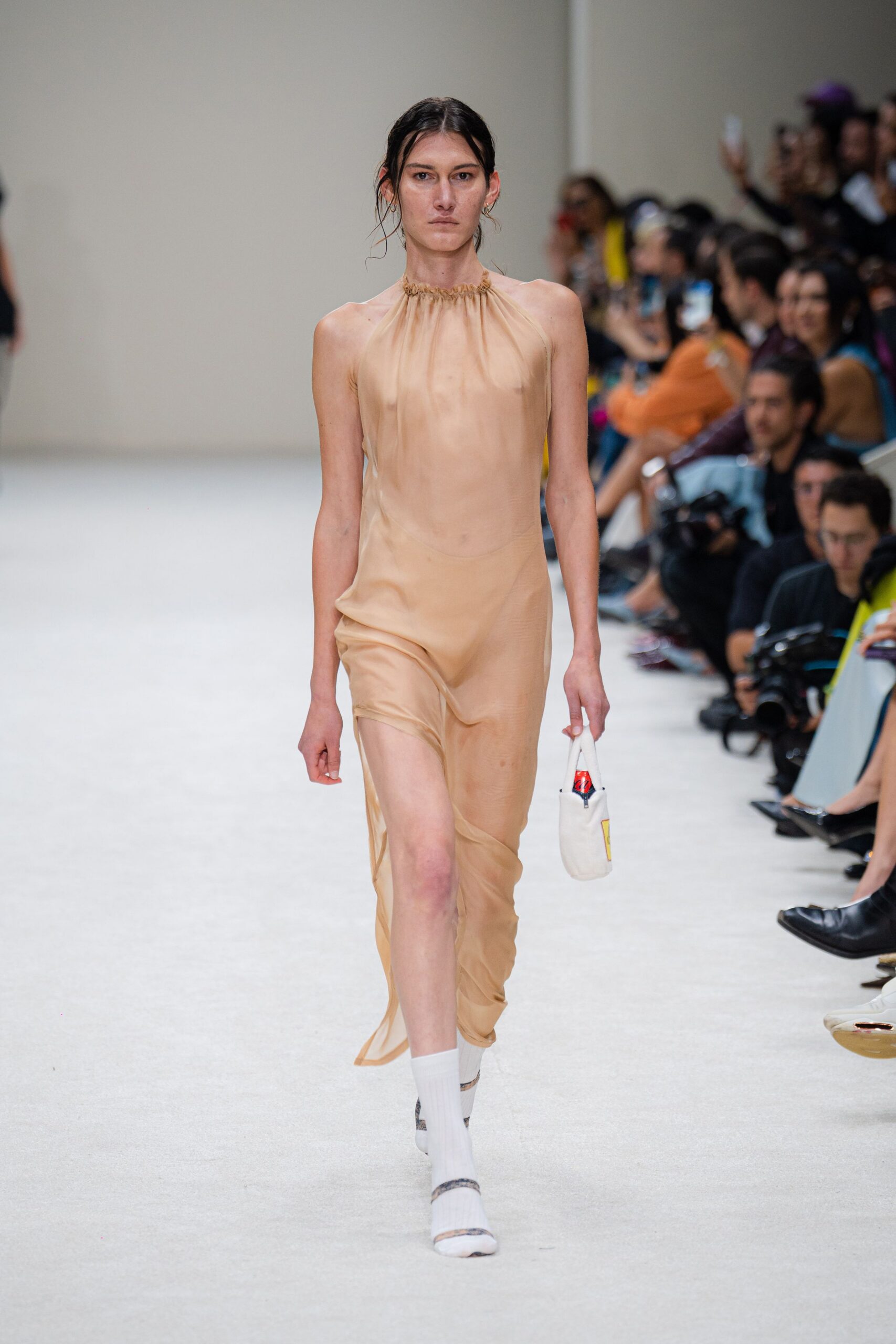 beige silk sleeveless dress