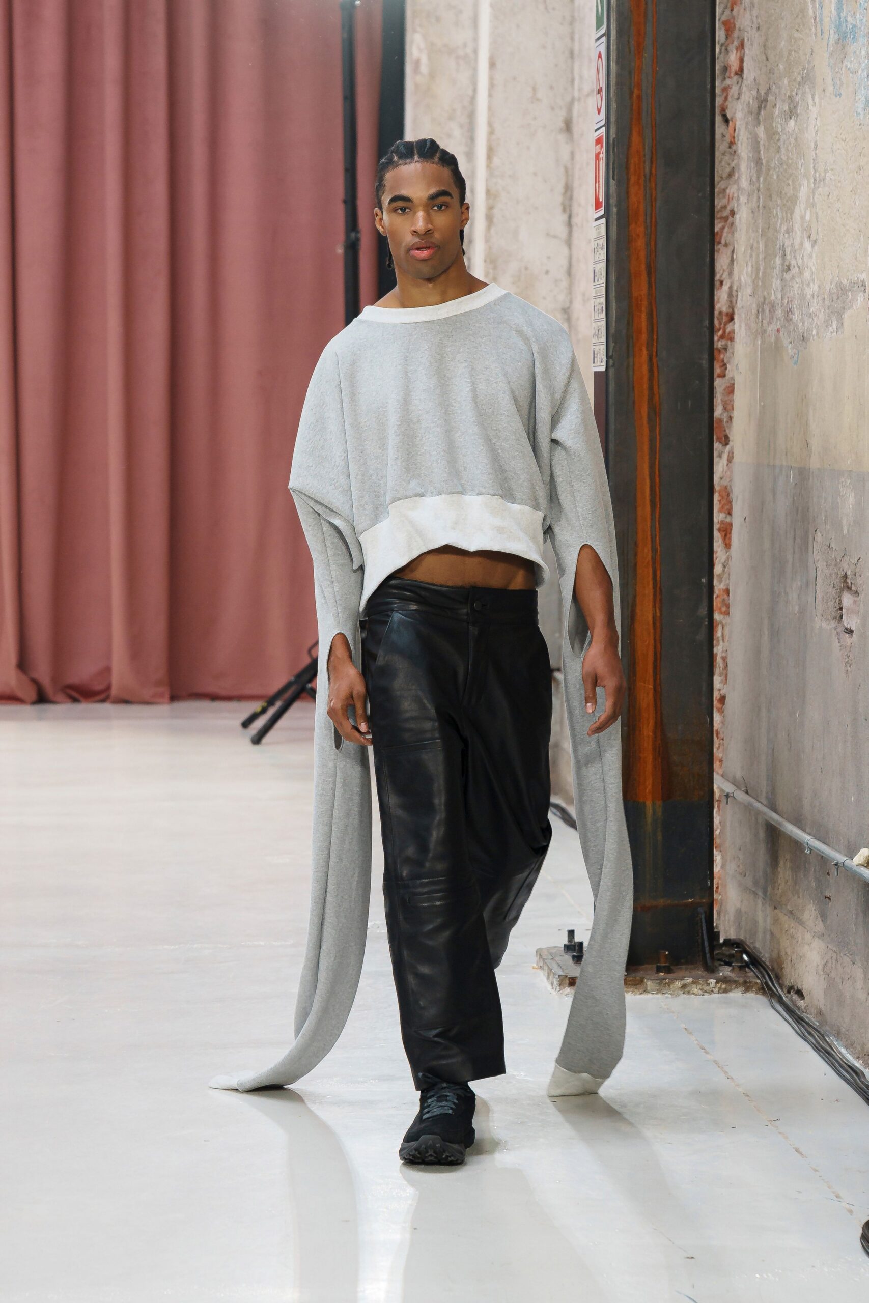 gray relaxed top with black pants