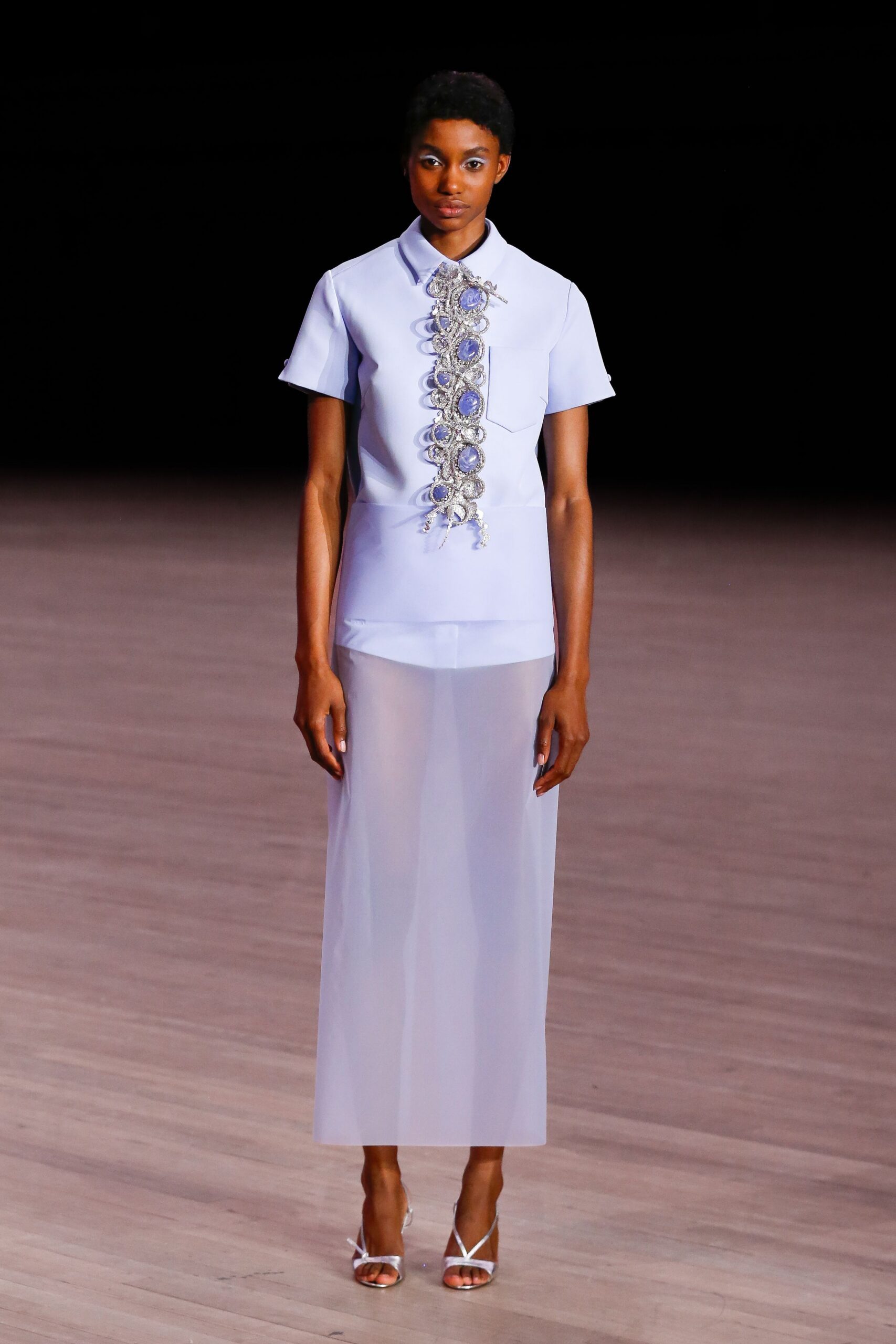light blue embroidered top with sheer skirt