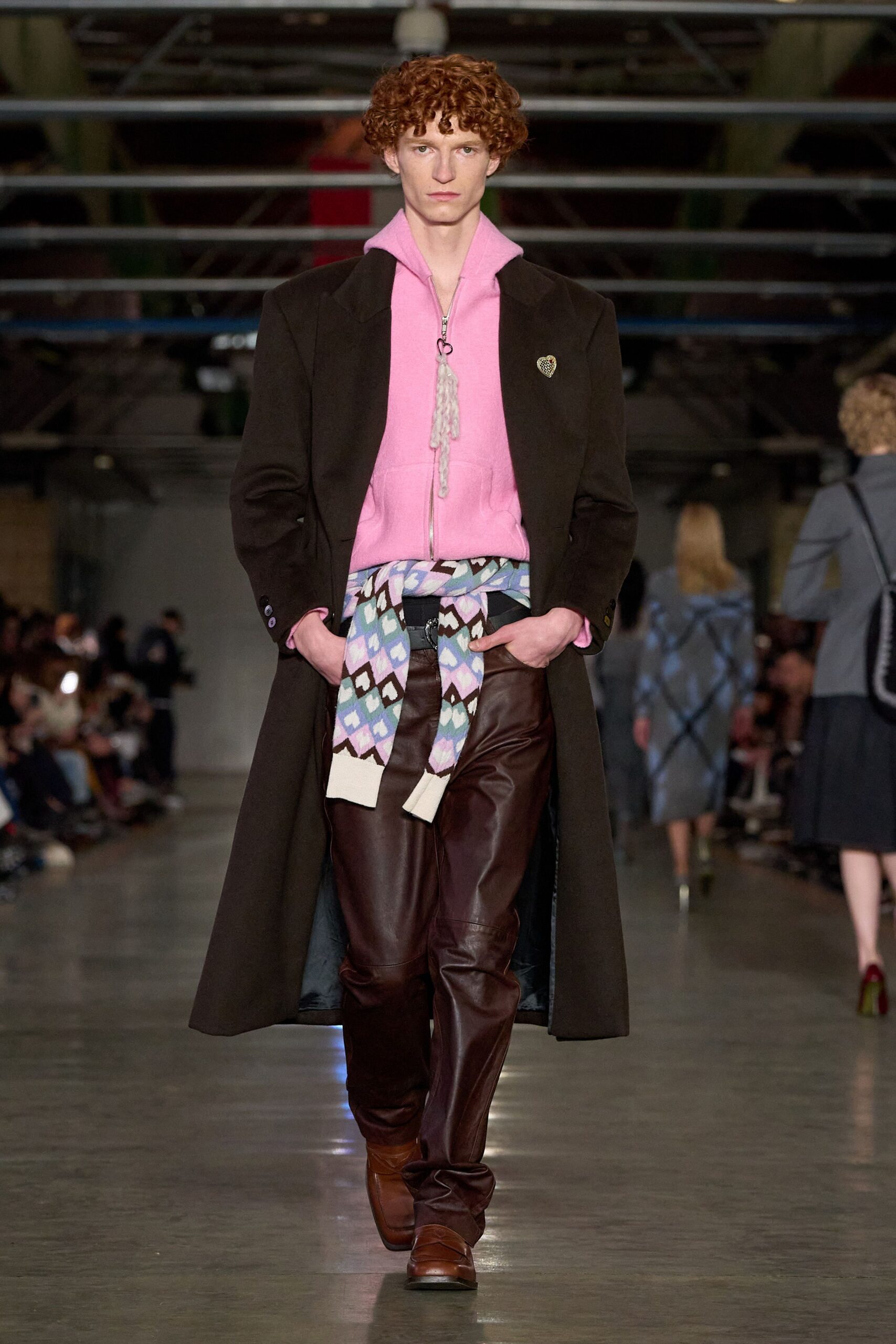 black wool coat with pink top