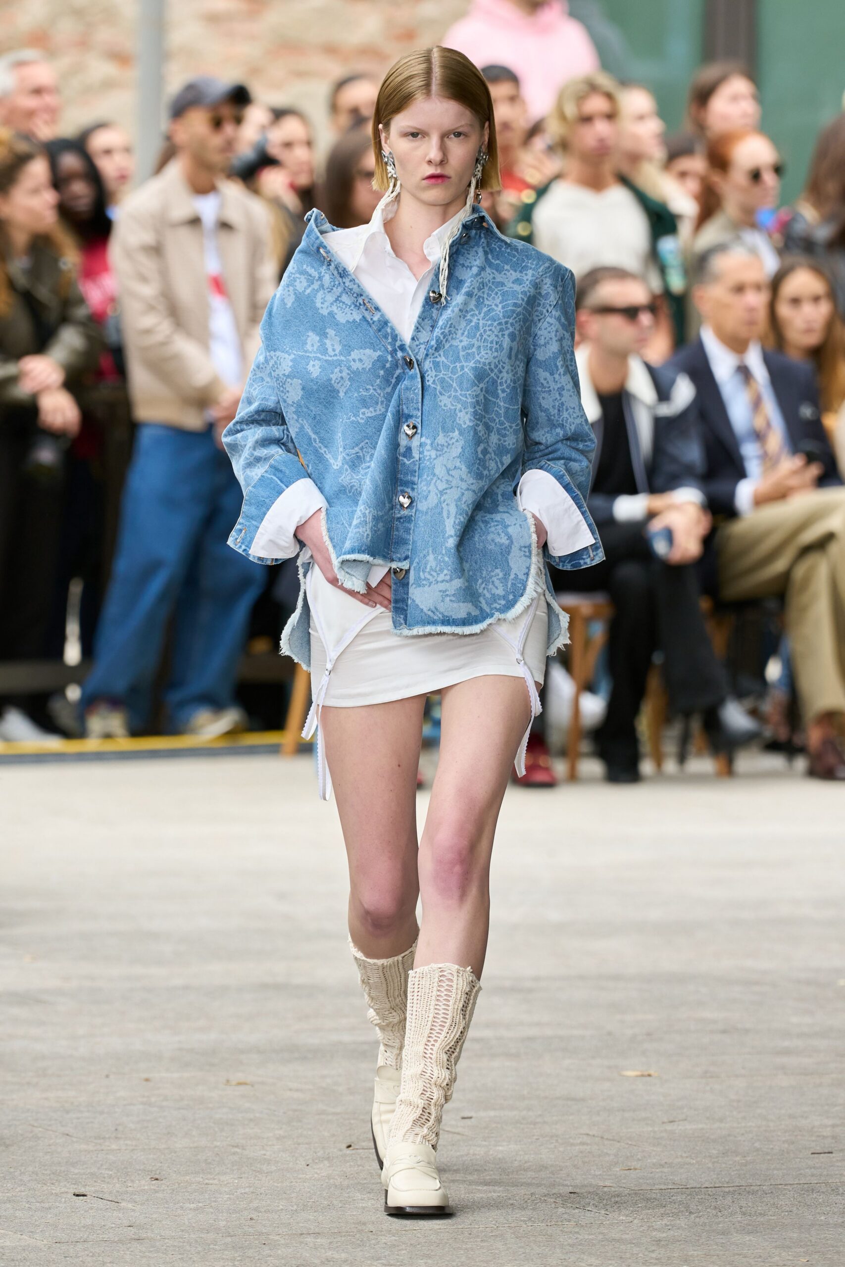 blue denim jacket white mini dress