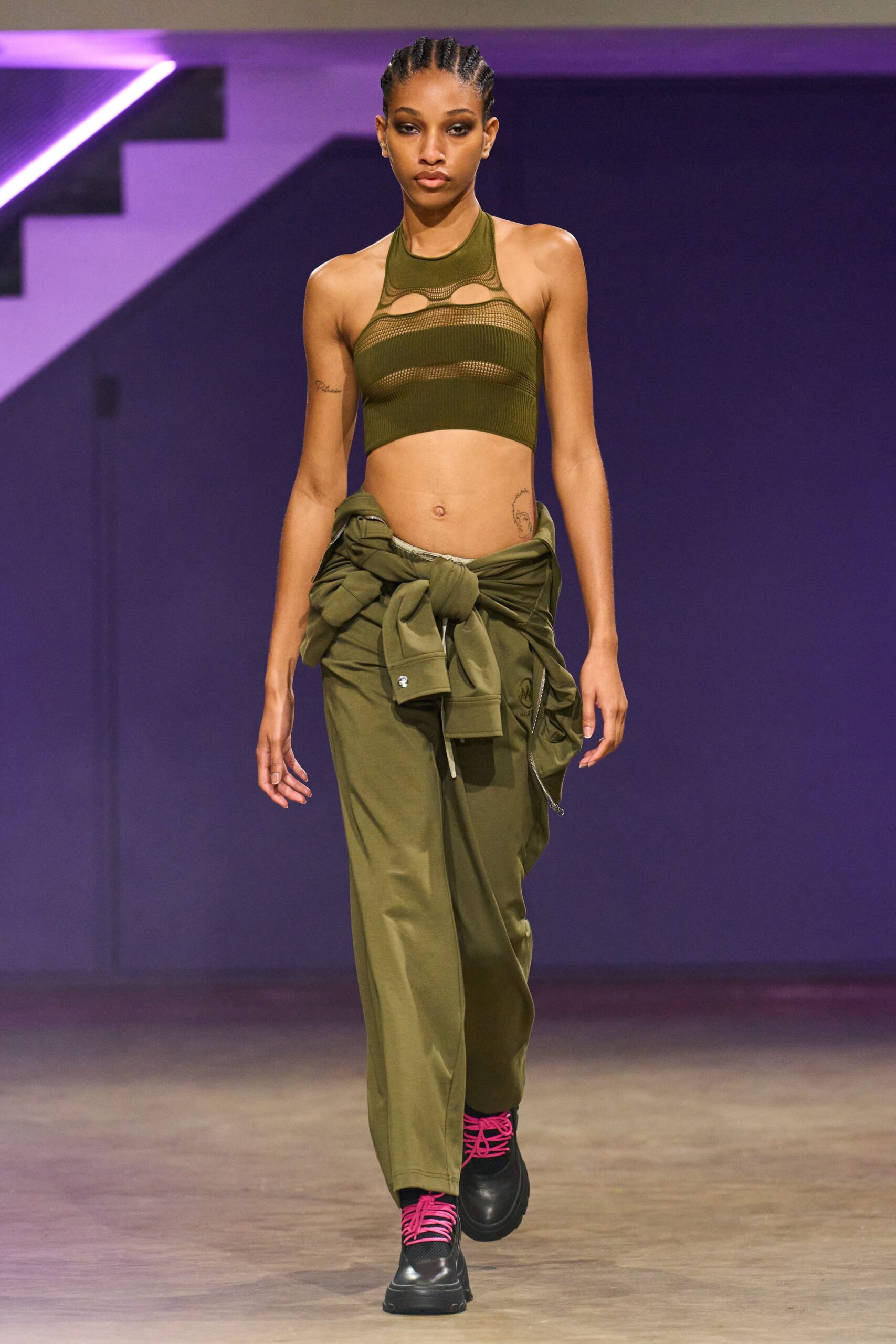 green cotton sleeveless high-neck fitted ribbed short crop-top