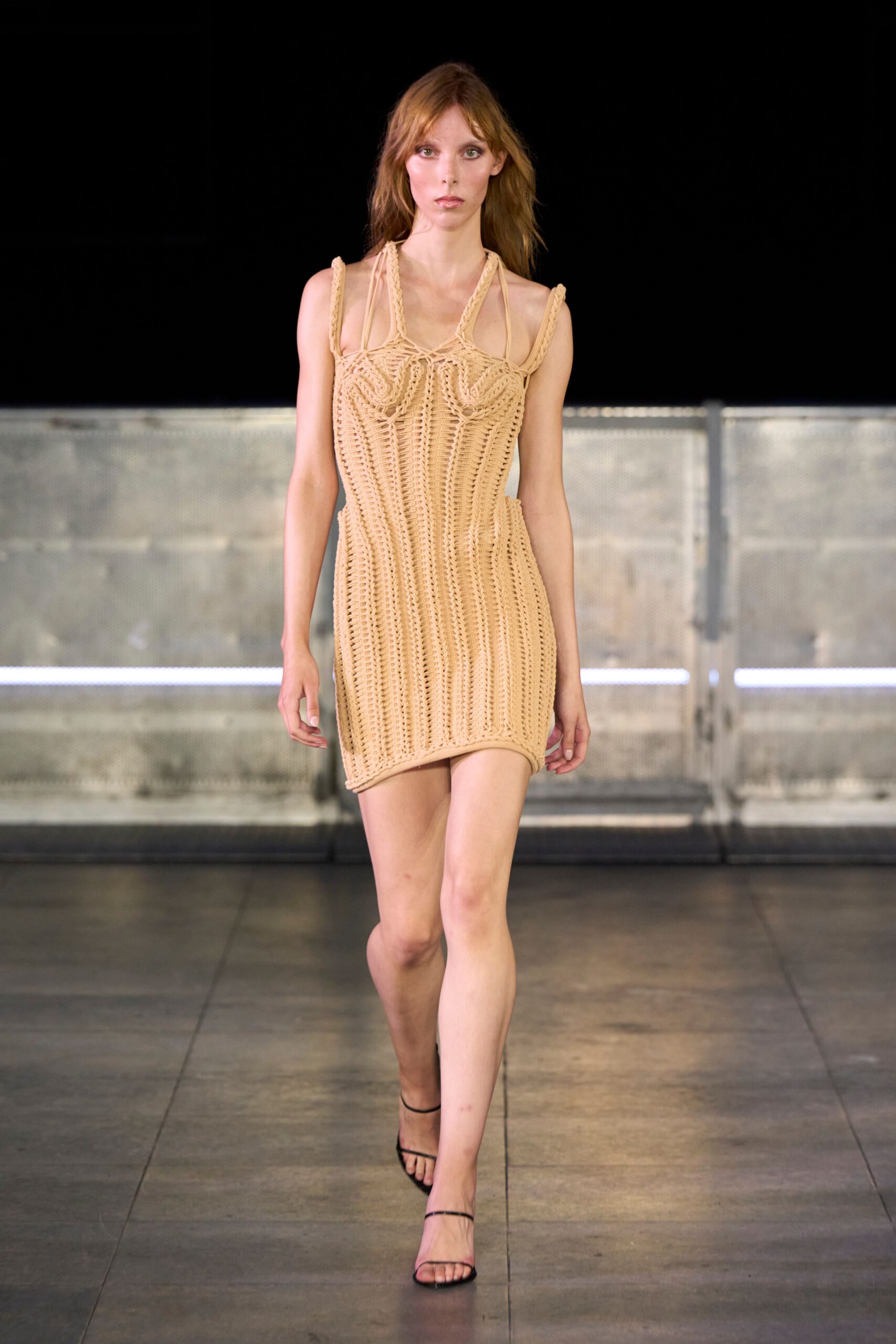 beige crochet sleeveless v-neck fitted ruched mini dress