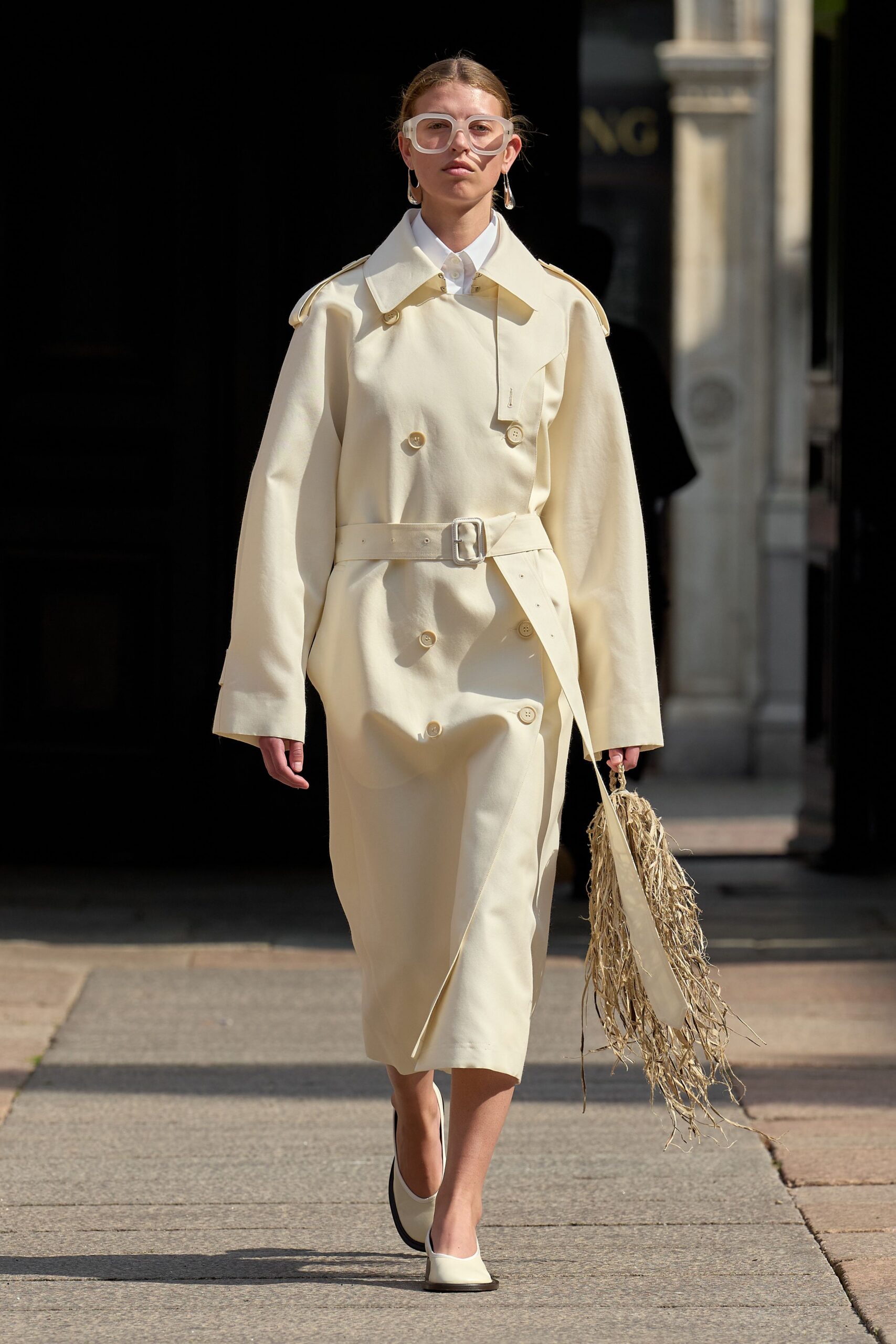 beige cotton long-sleeve collared relaxed belted midi trench