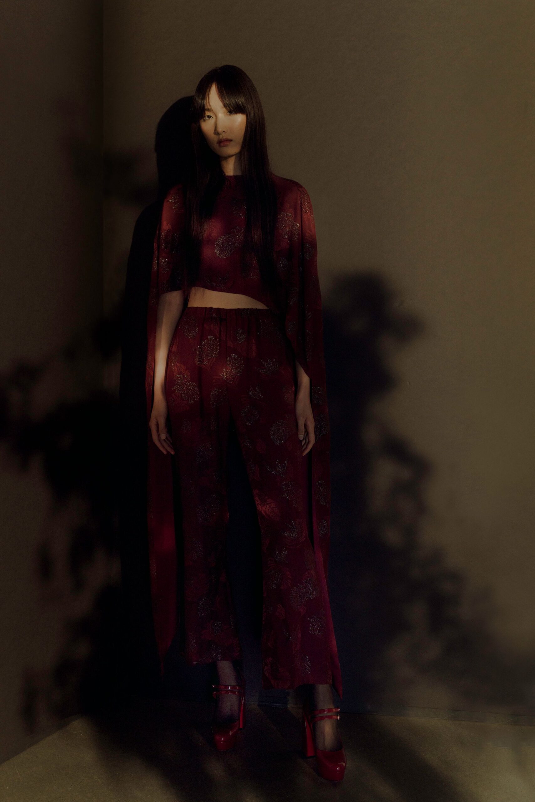 red silk fitted flared pants