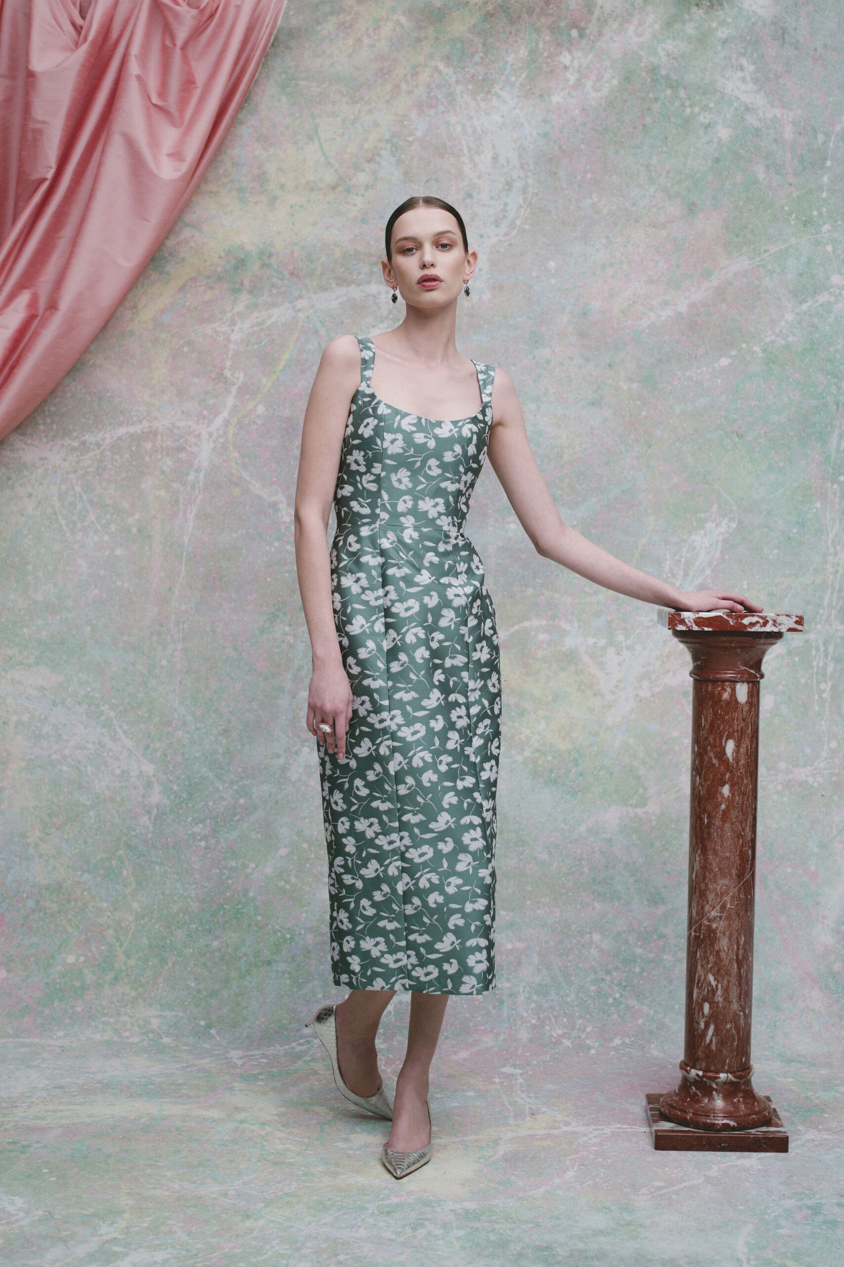 green silk sleeveless square-neck fitted printed midi dress