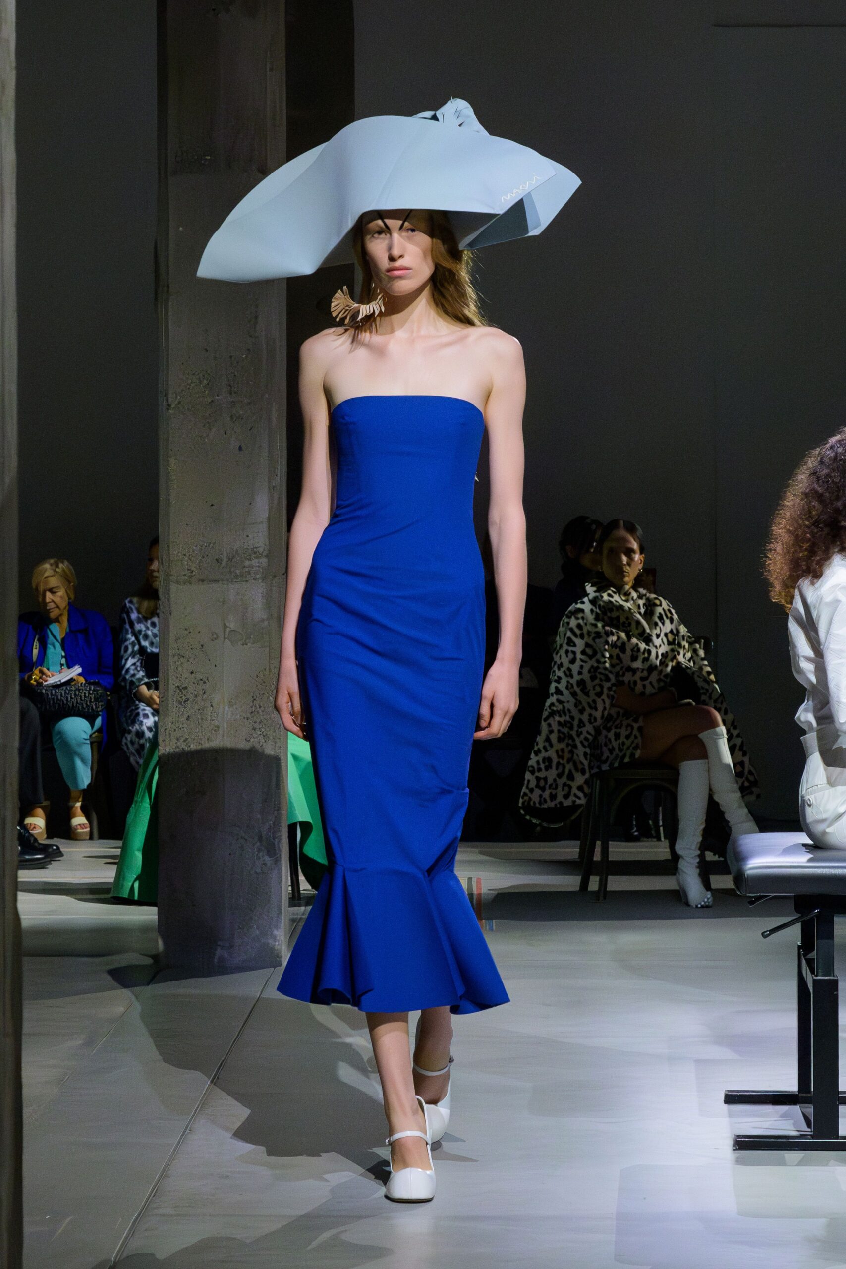 blue cotton strapless fitted flared midi dress