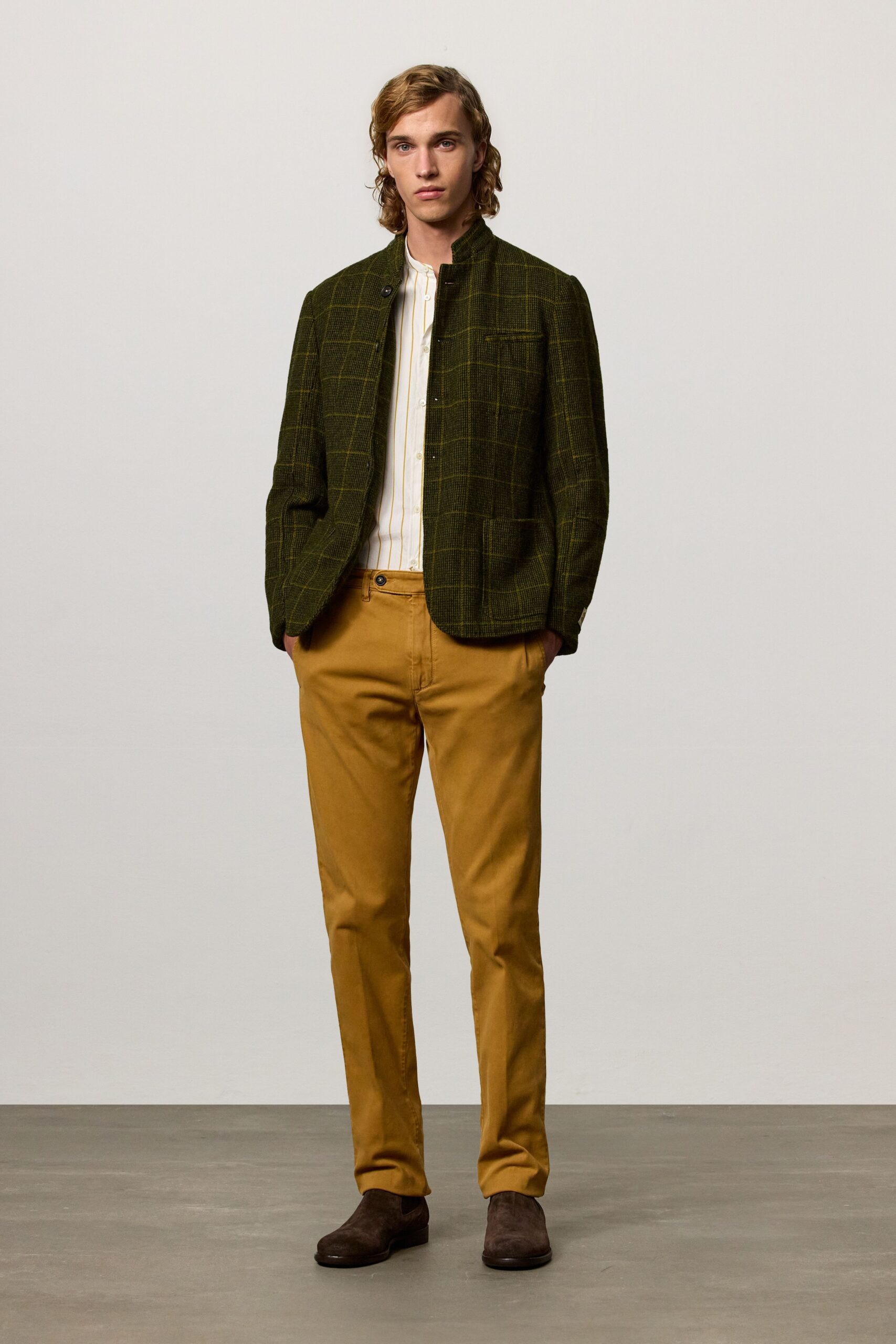 green wool long-sleeve collared tailored checked jacket