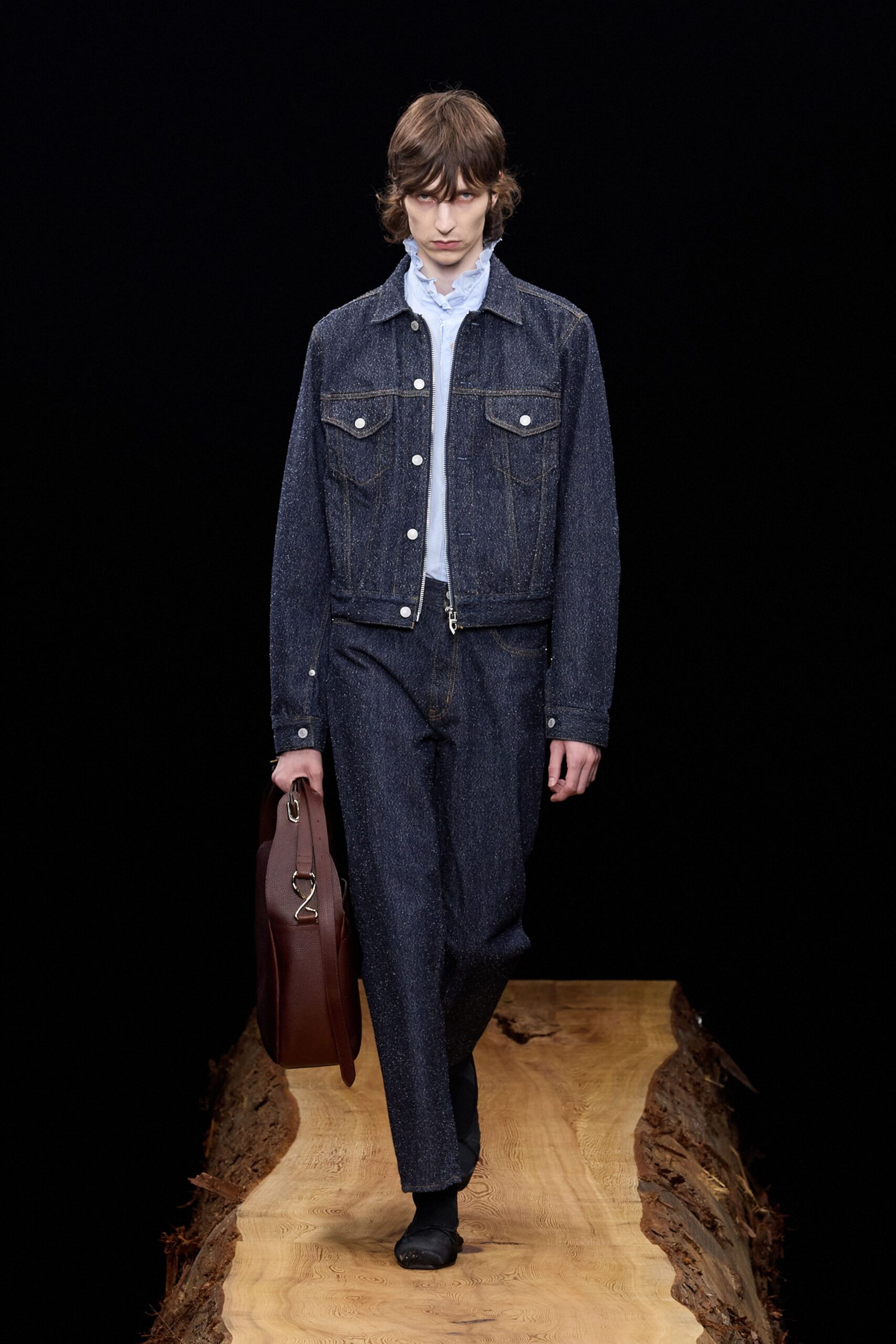 blue denim long-sleeve collared structured buttoned jacket