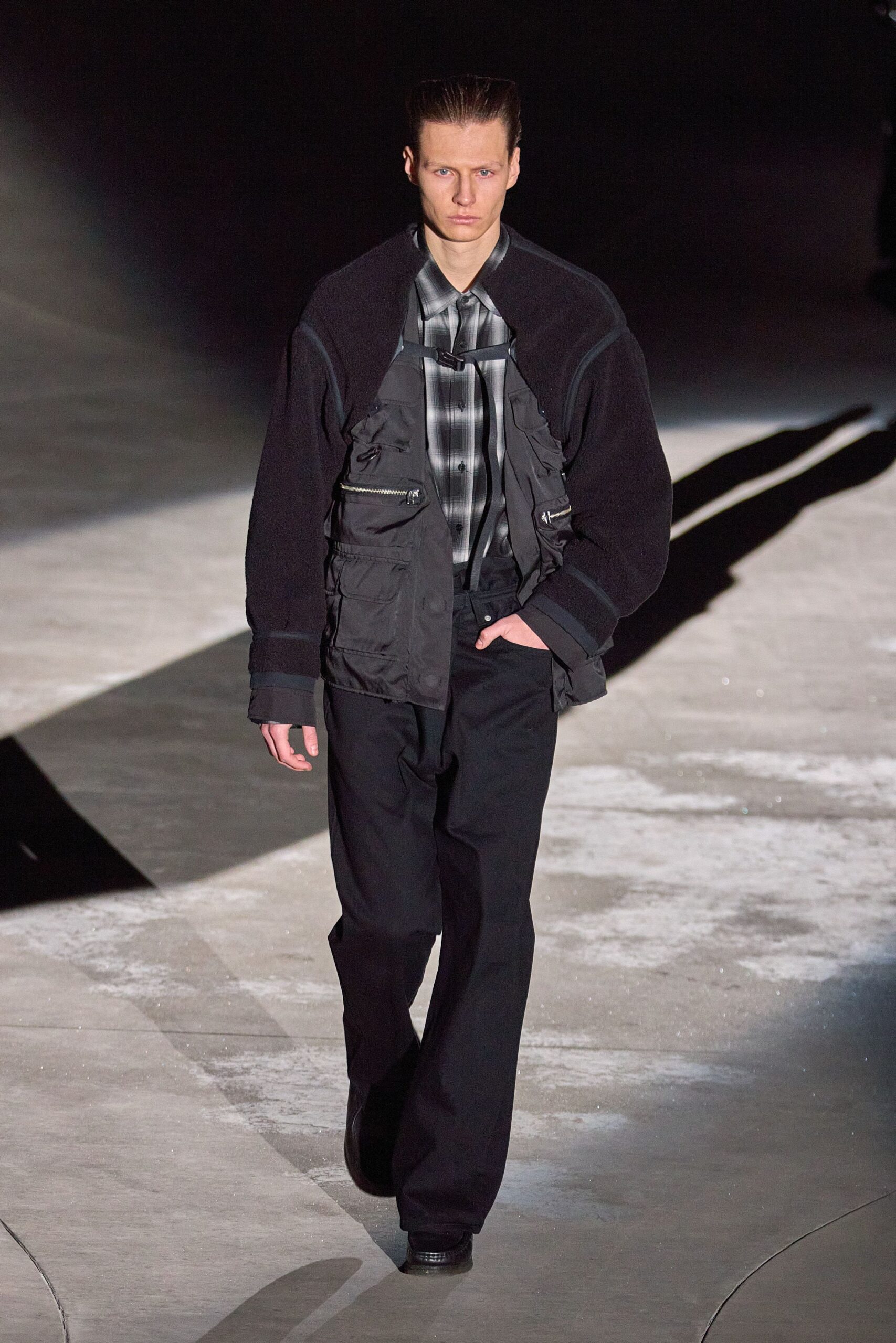 black relaxed jacket with checked shirt