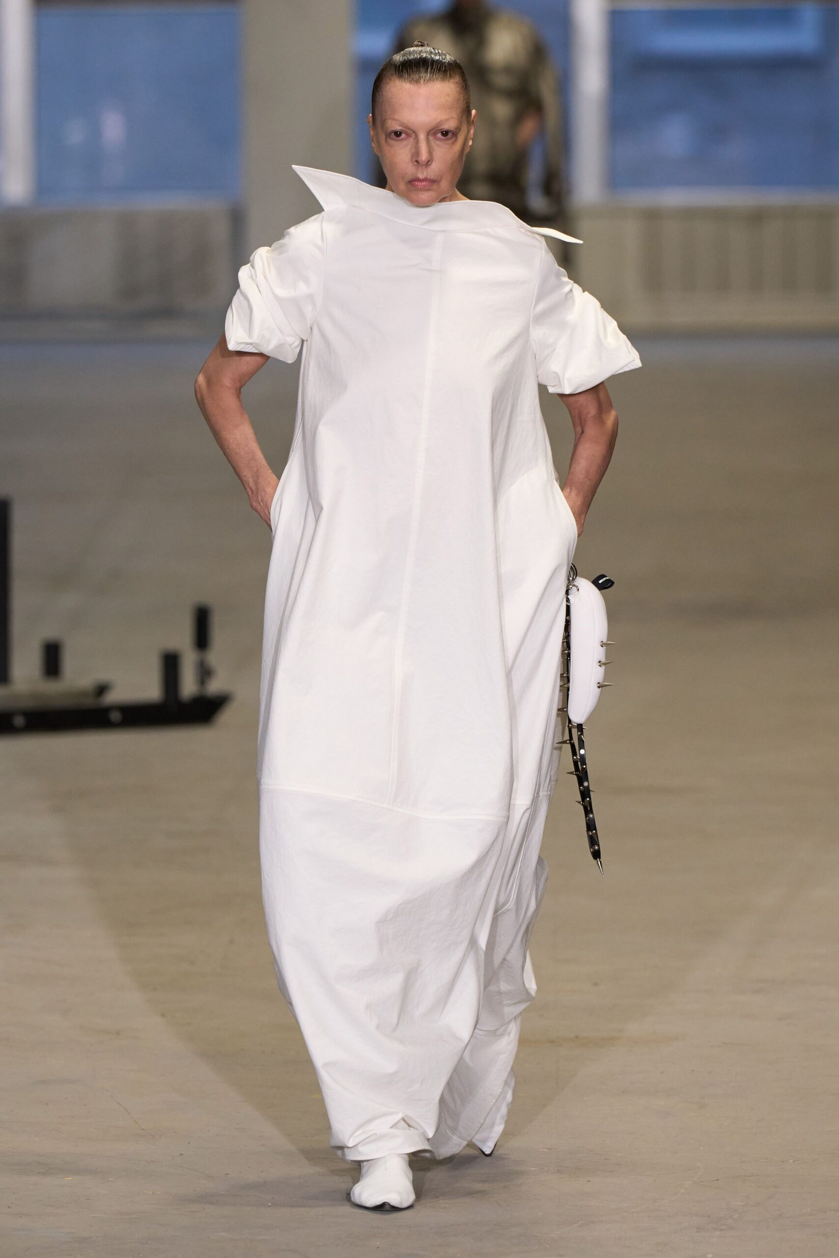 white cotton short-sleeve collared relaxed maxi dress