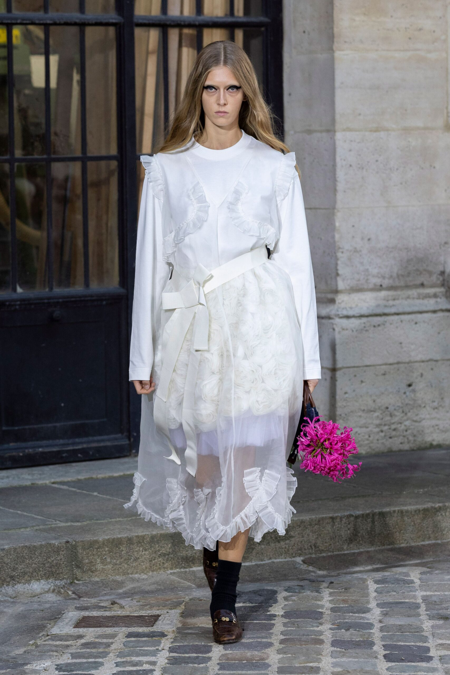white cotton long-sleeve collared fitted ruffled layered dress