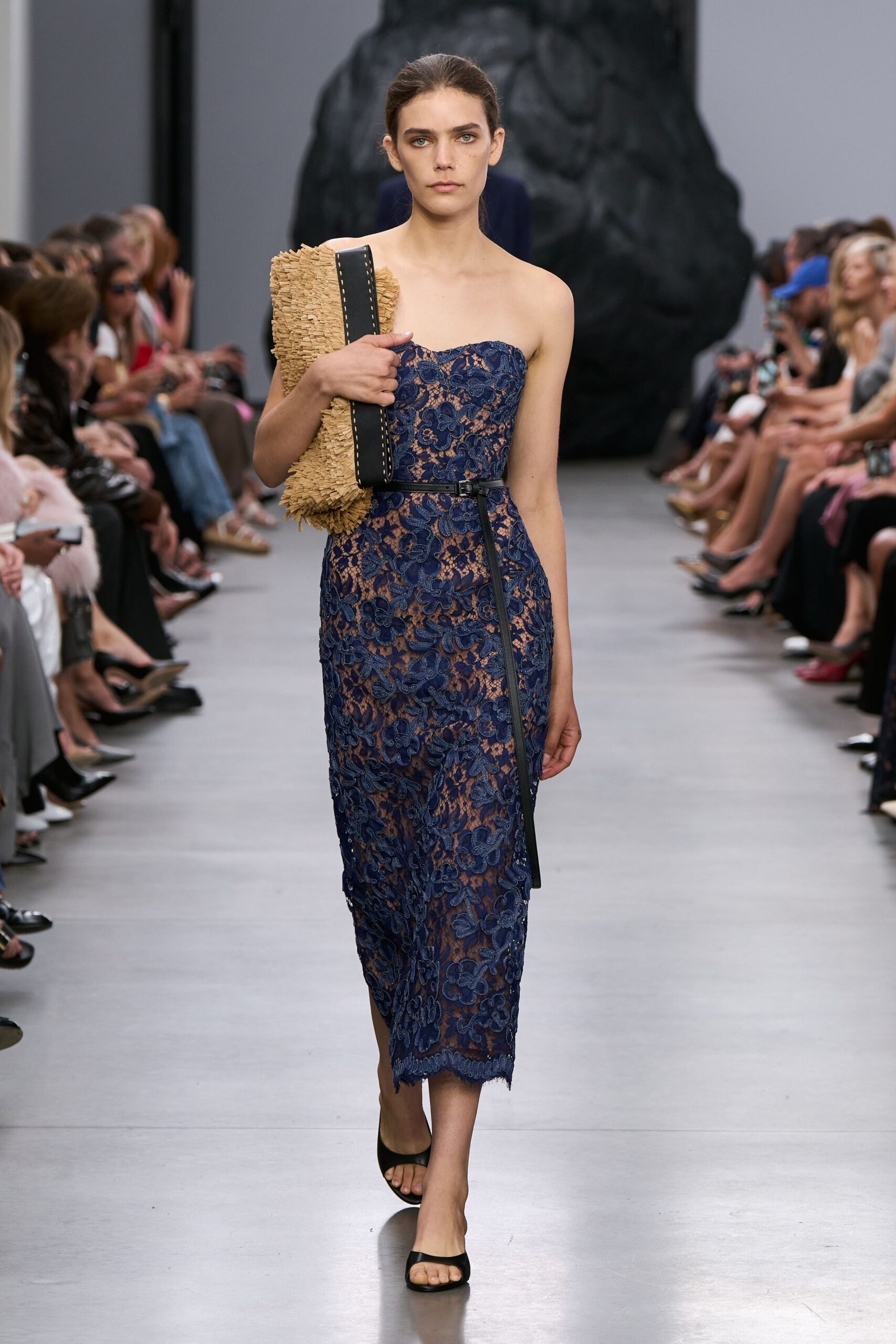 blue lace midi dress with bag