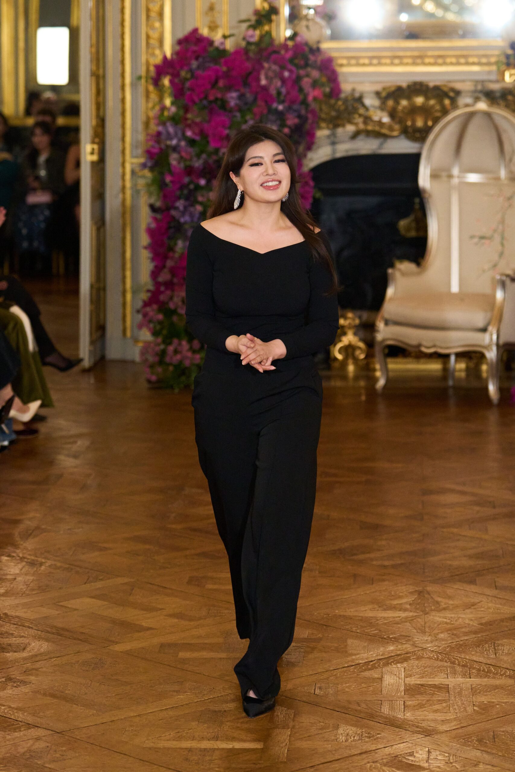black silk long-sleeve off-shoulder fitted jumpsuit