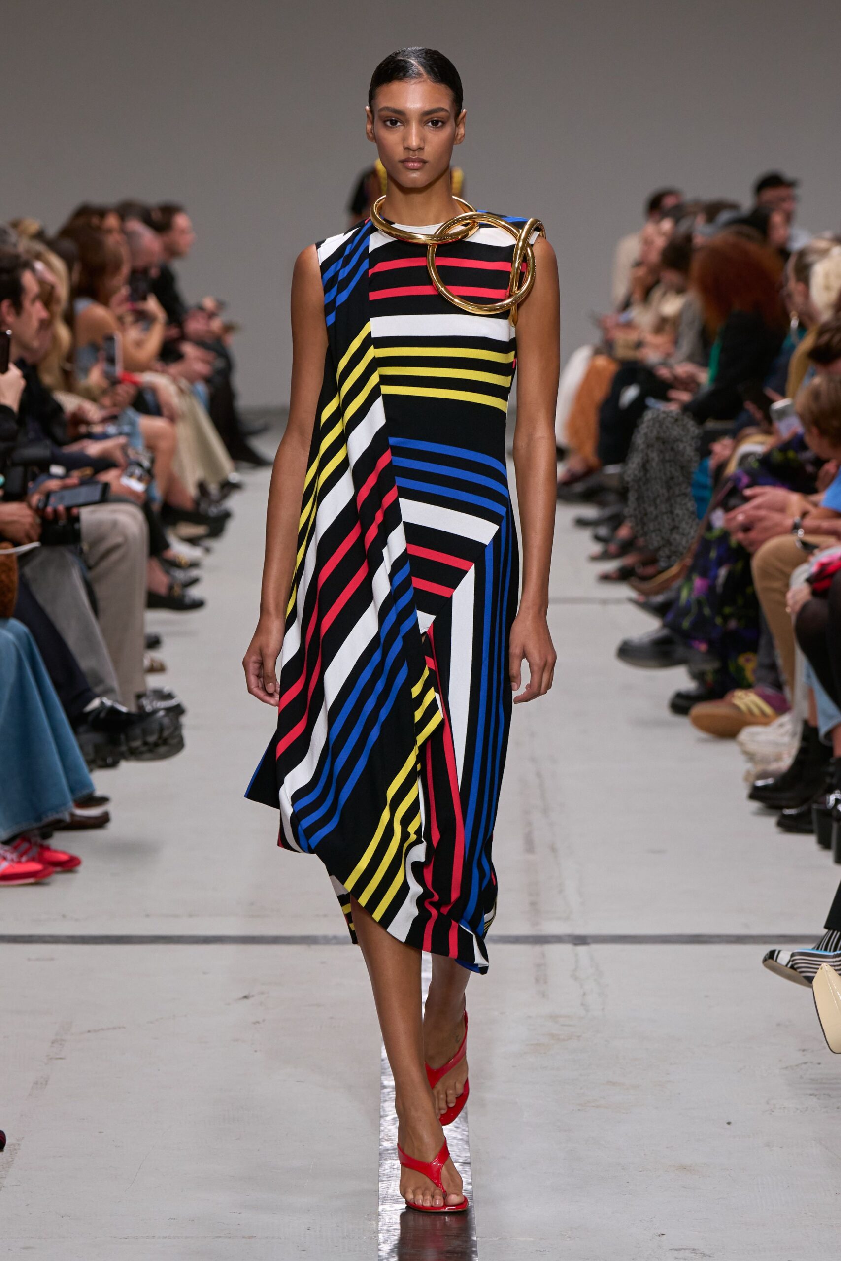 striped midi dress with red shoes