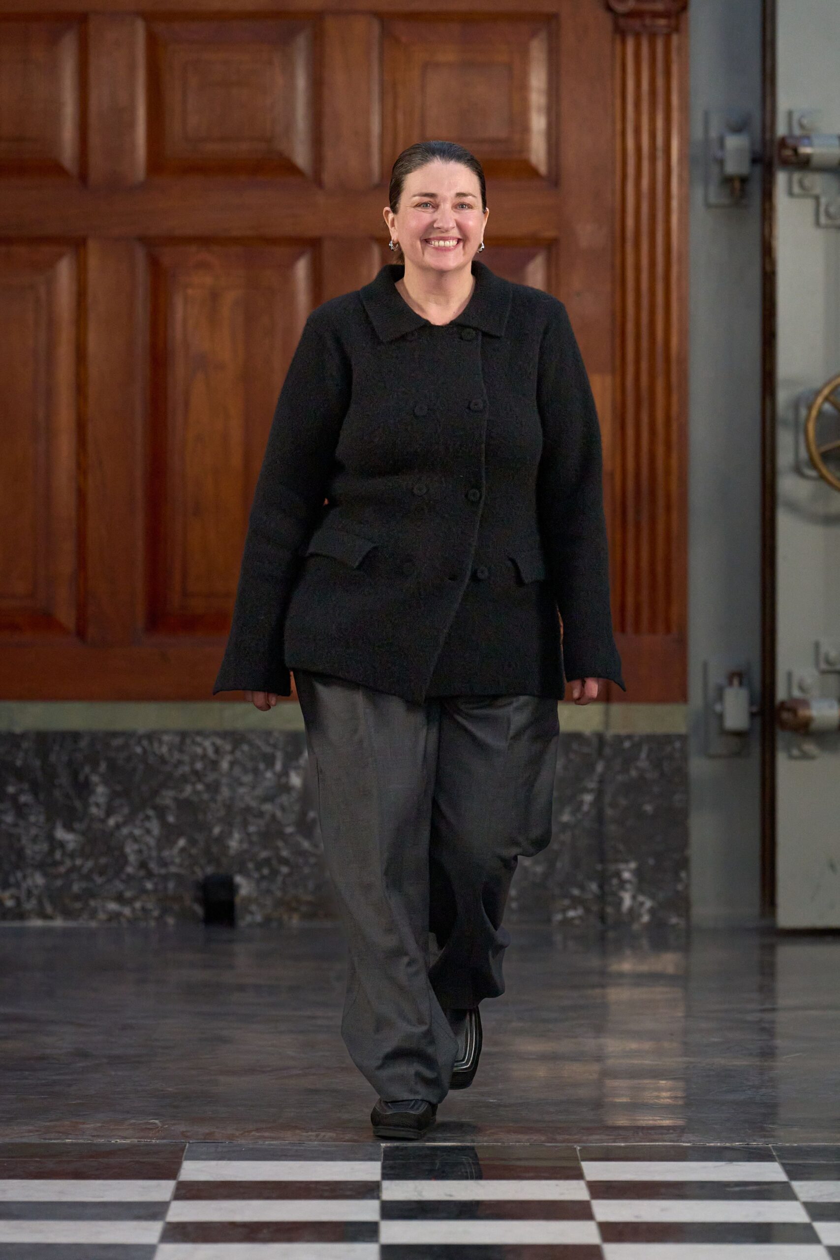 black wool jacket gray tailored pants