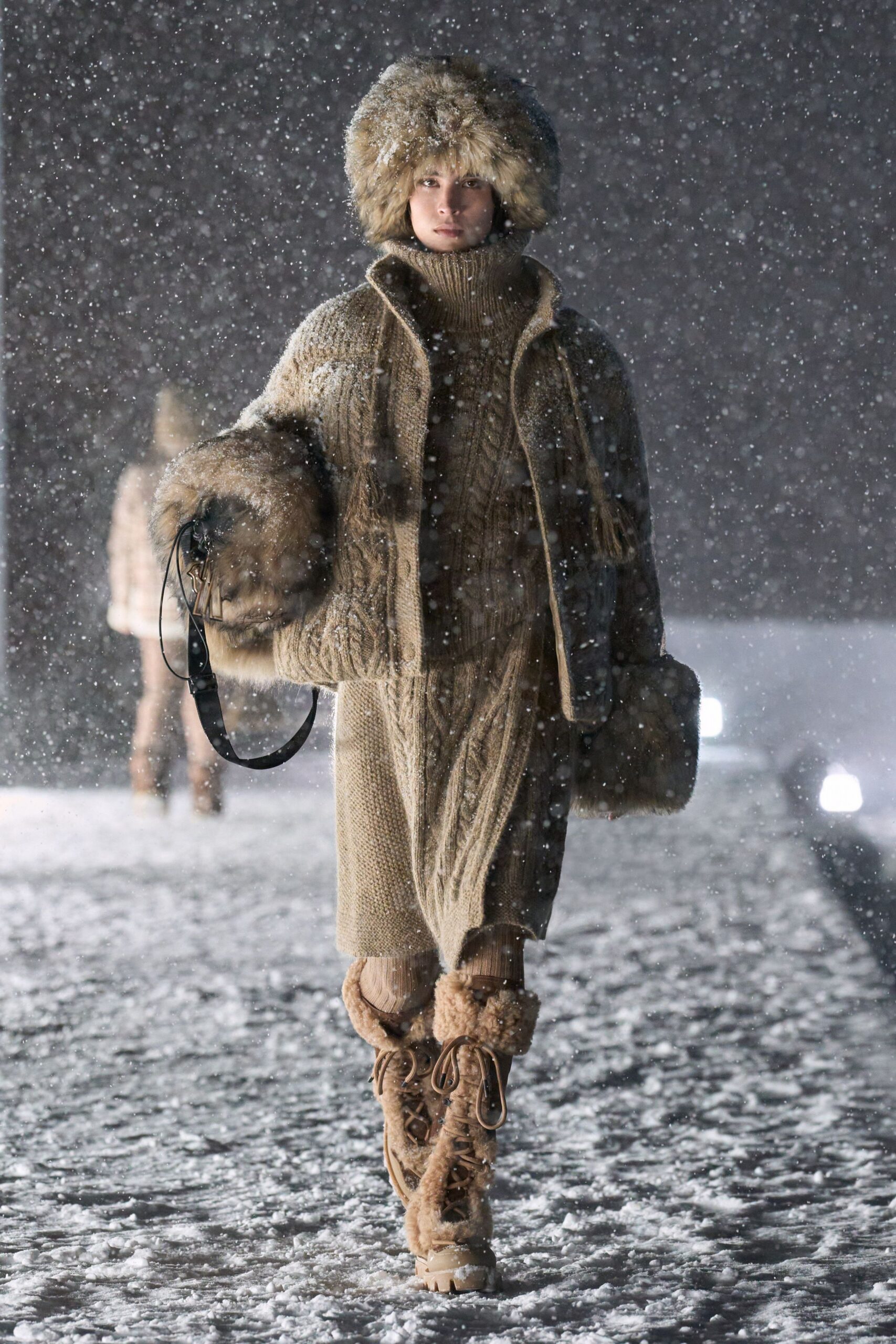 beige wool long-sleeve collared relaxed layered coat