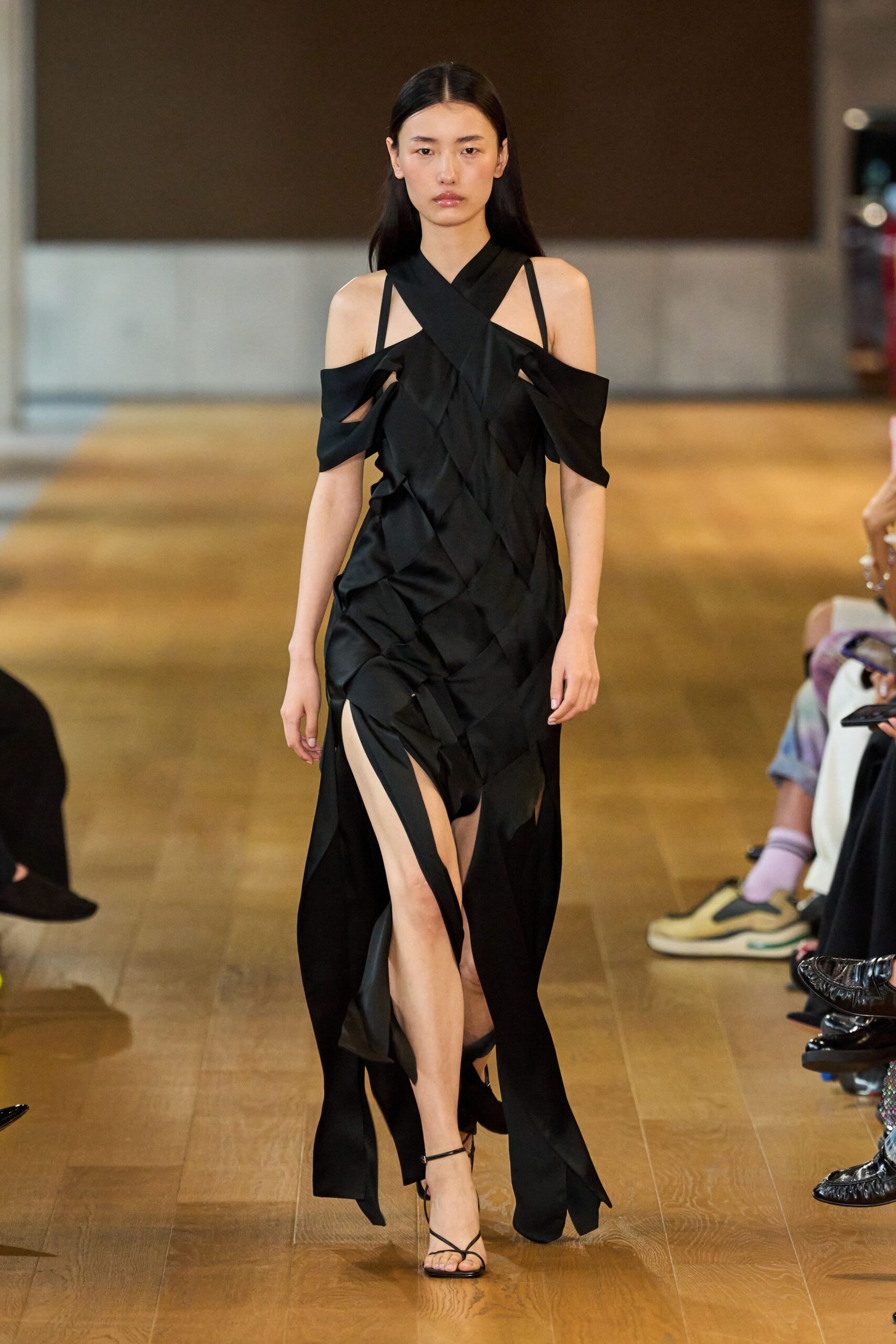 black silk sleeveless off-shoulder fitted pleated draped dress