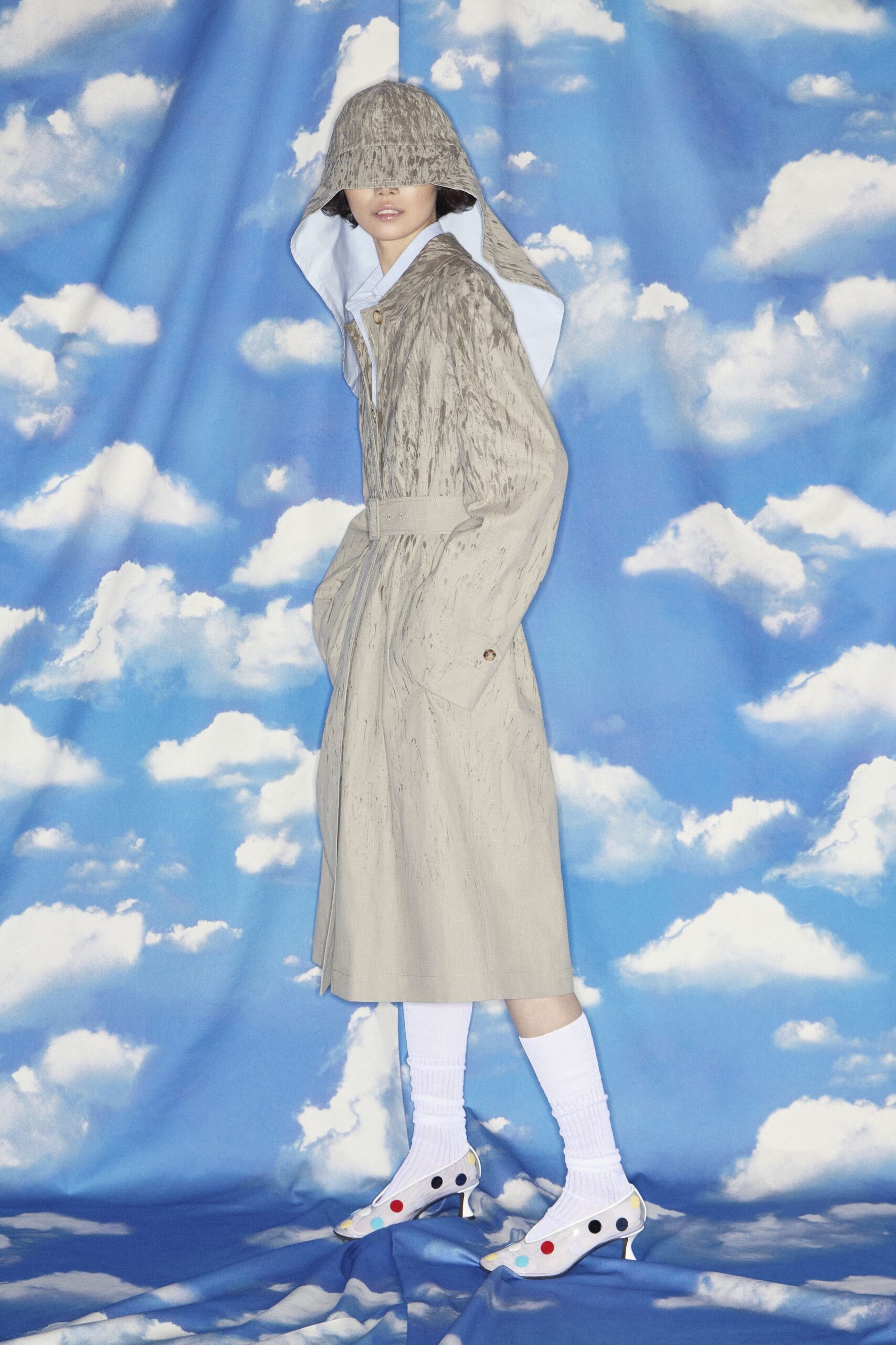 beige relaxed hooded coat with shoes