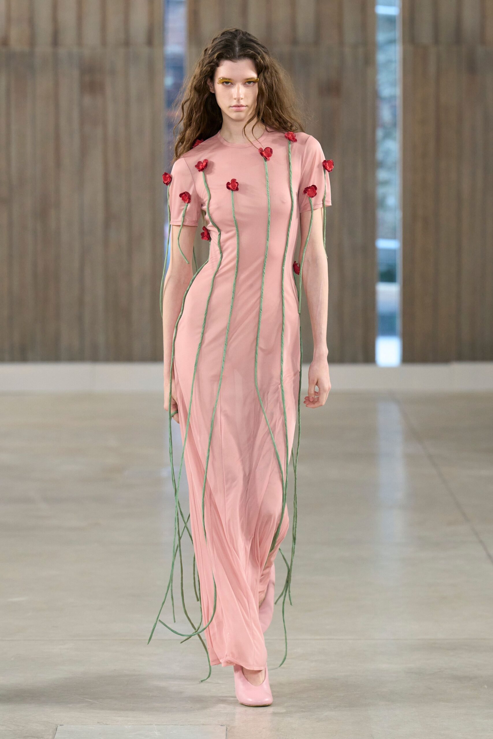 pink silk short-sleeve high-neck fitted floral draped gown