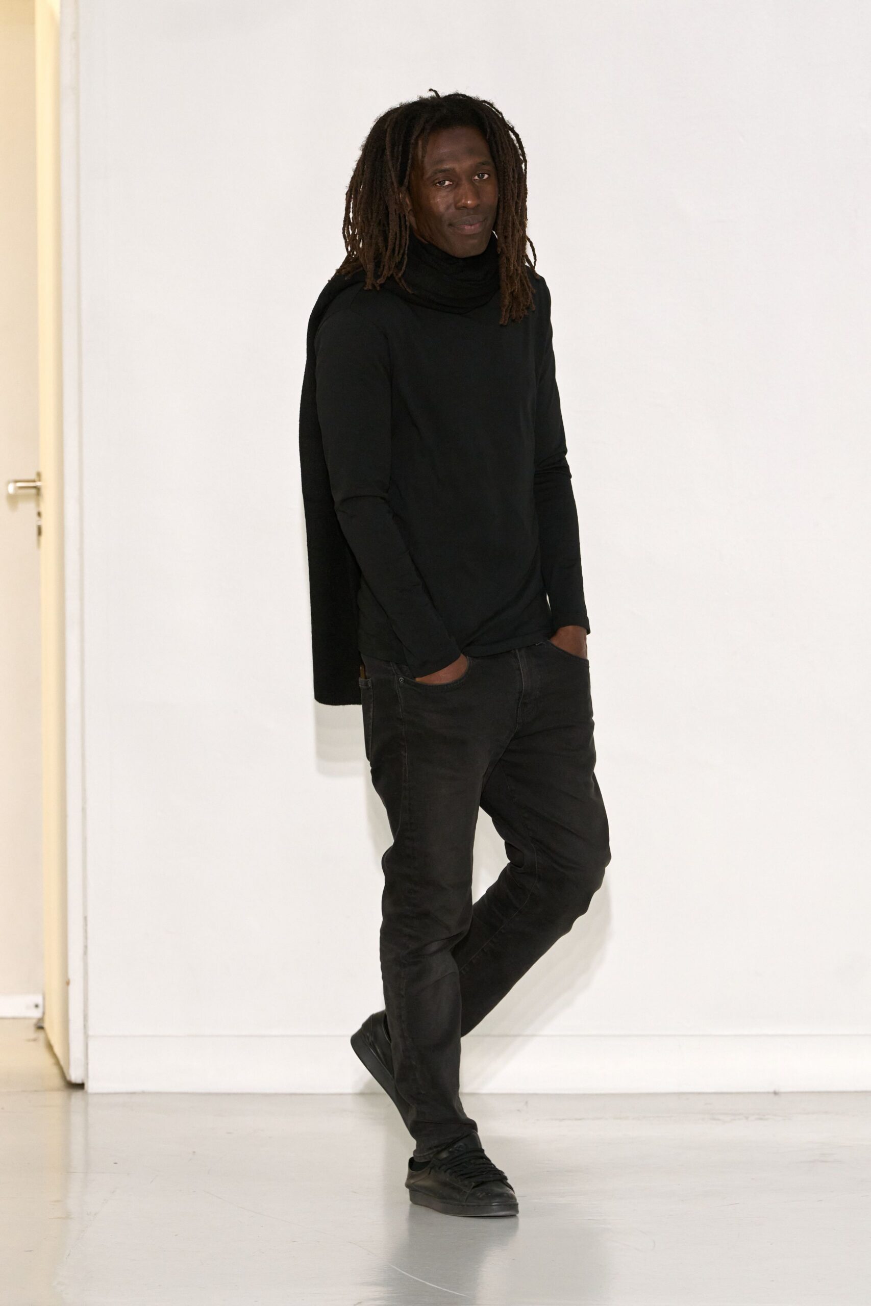 black fitted top and pants