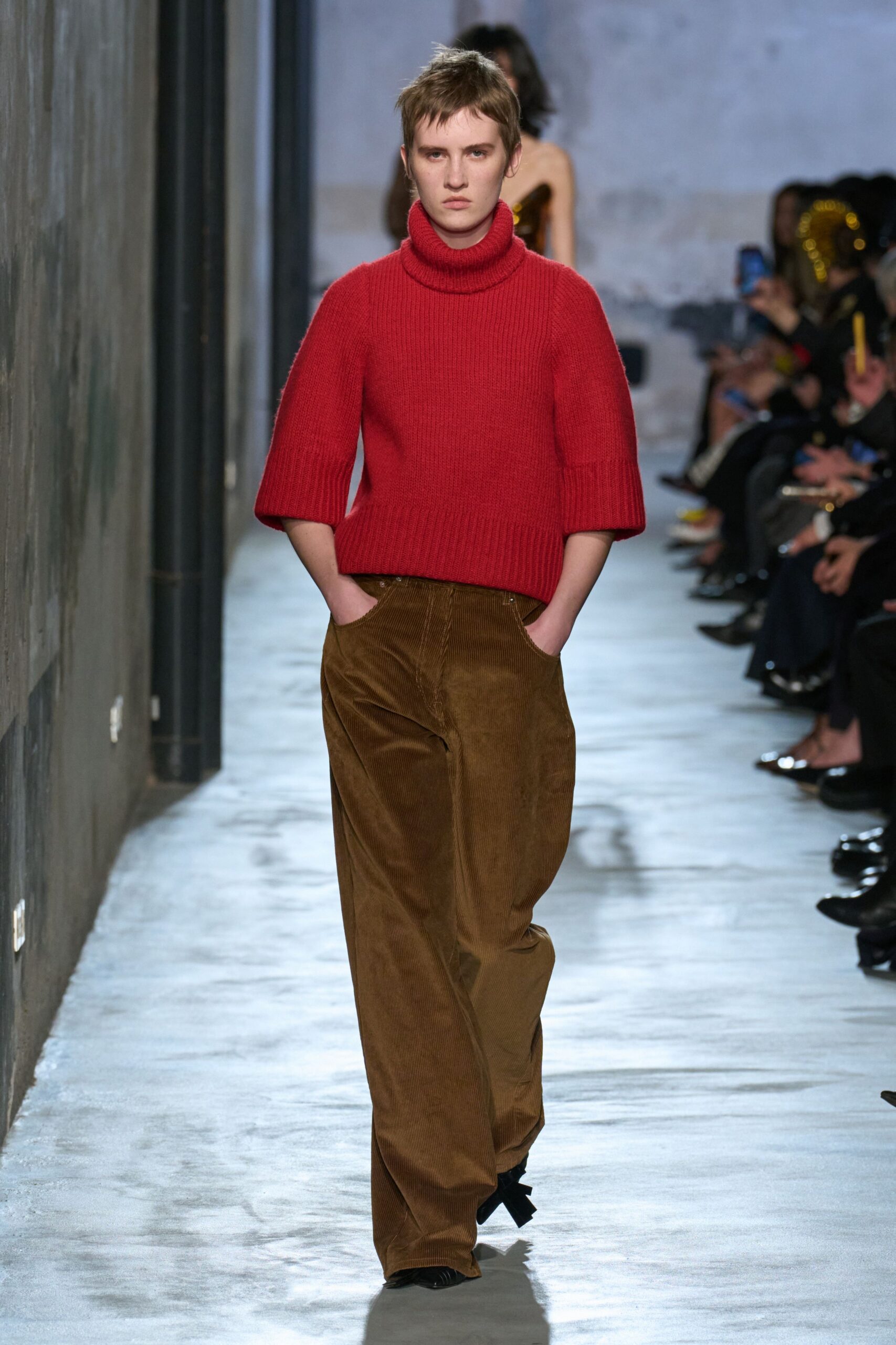 red wool relaxed sweater and brown wide-leg pants