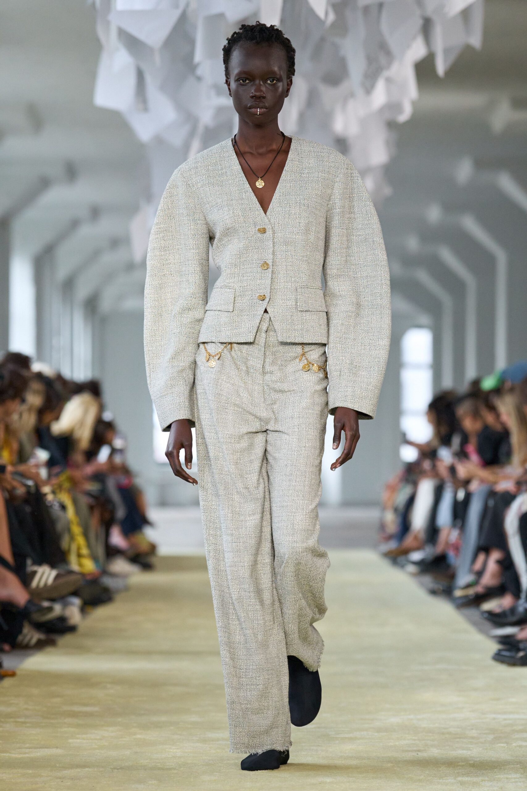 beige tweed blazer and pants