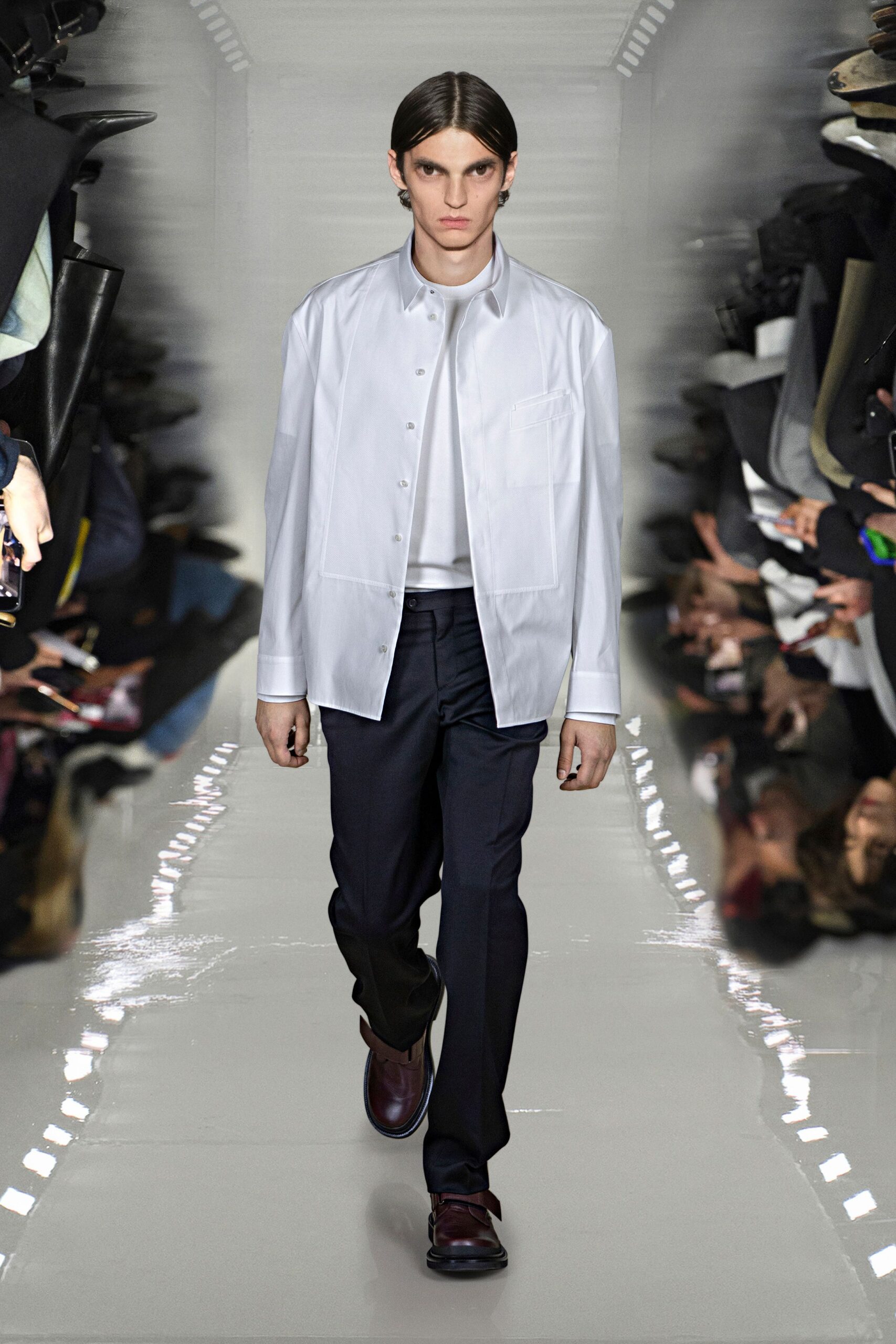 white relaxed shirt black tailored pants