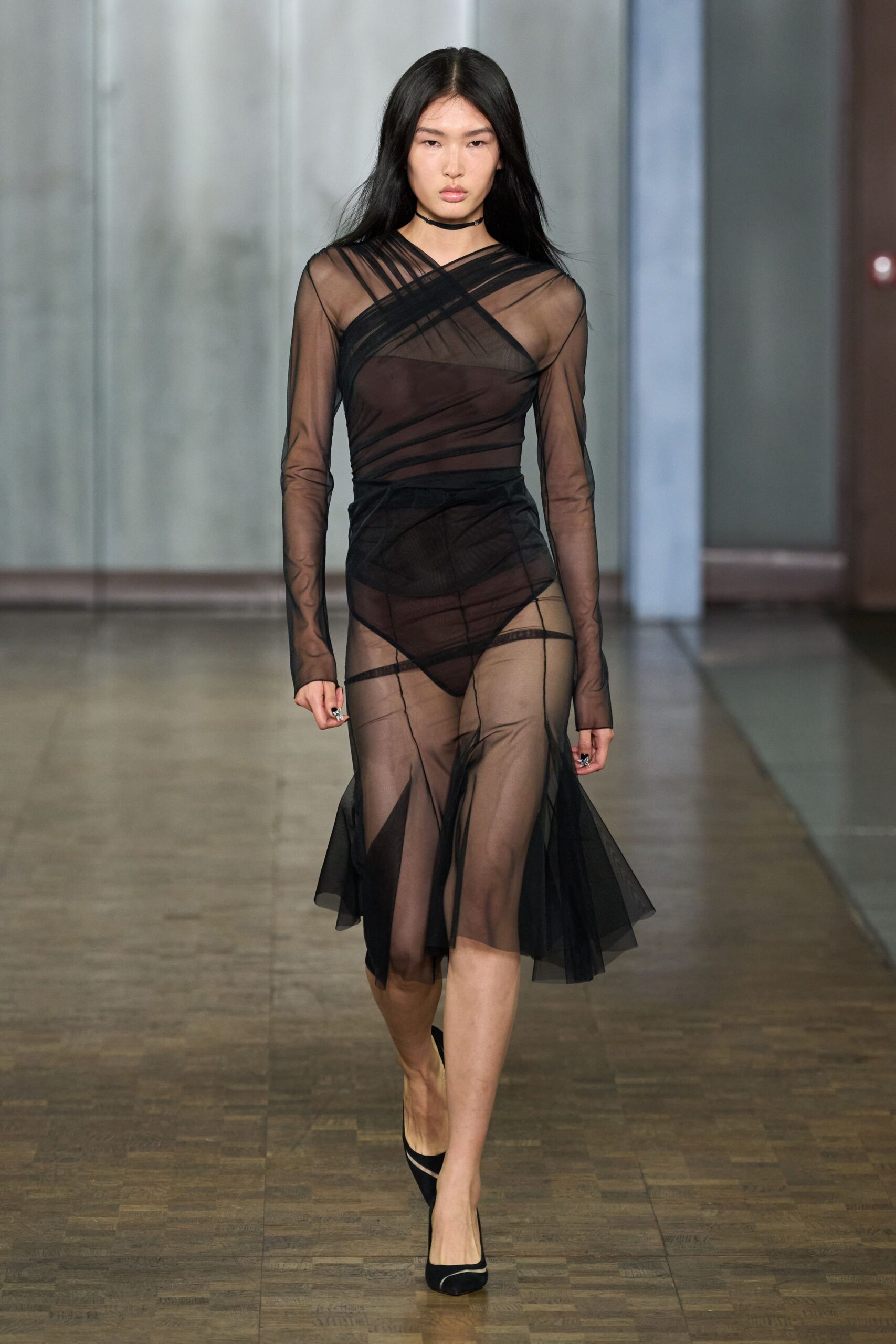 black sheer midi dress with heels