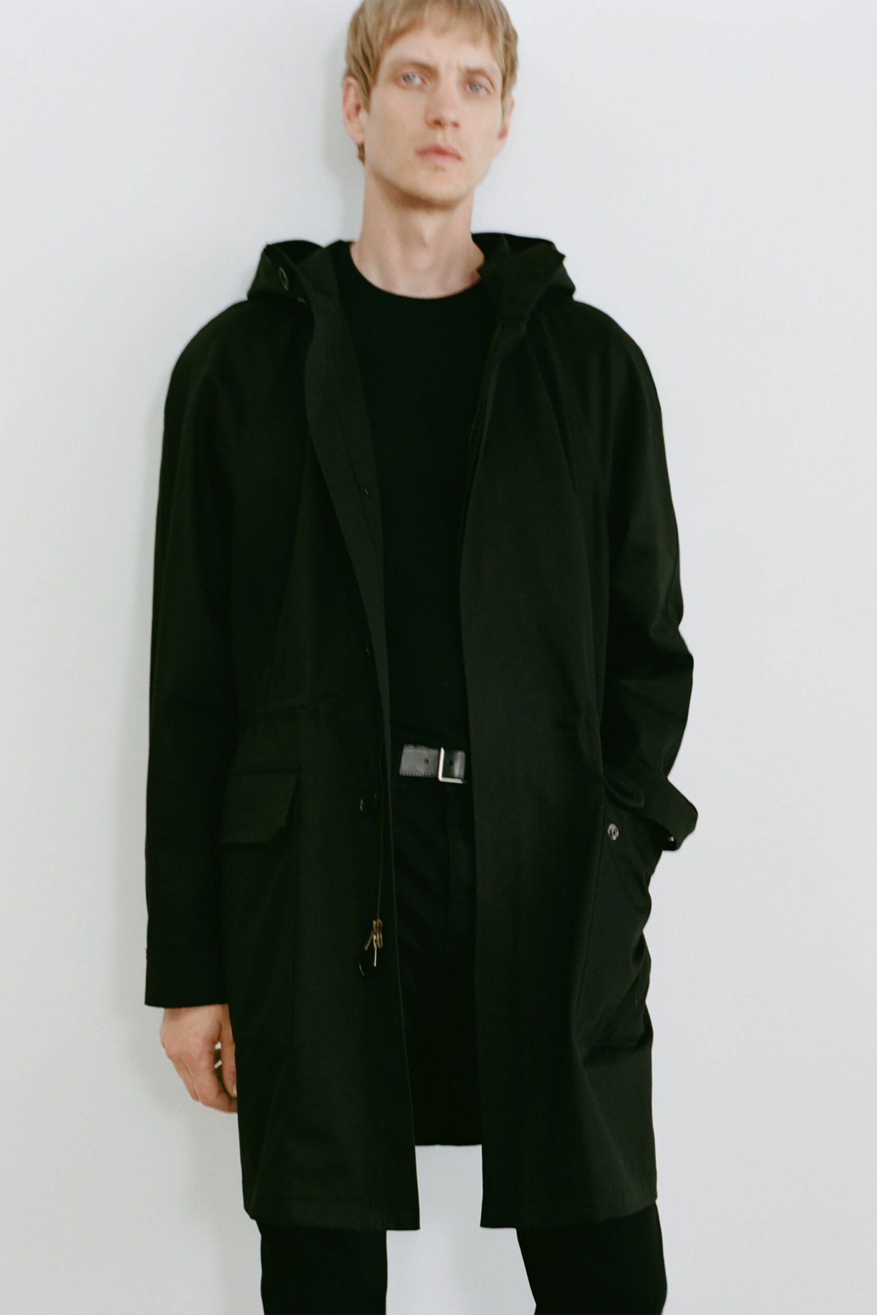 black cotton long-sleeve hooded relaxed zippered pockets coat