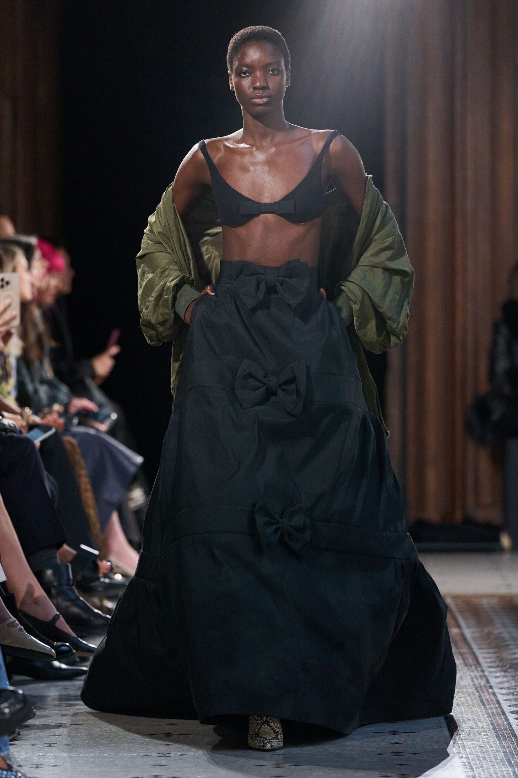 black skirt with green coat