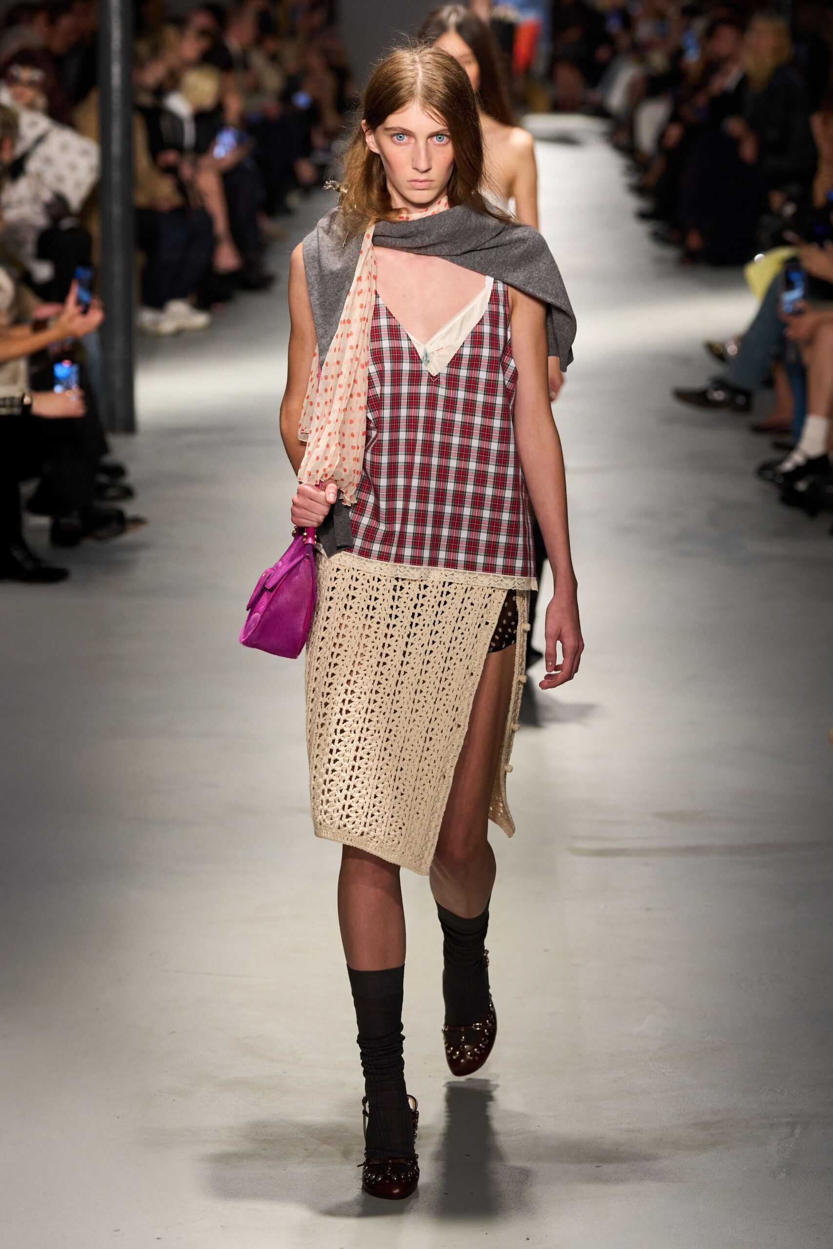 relaxed checked top with midi skirt