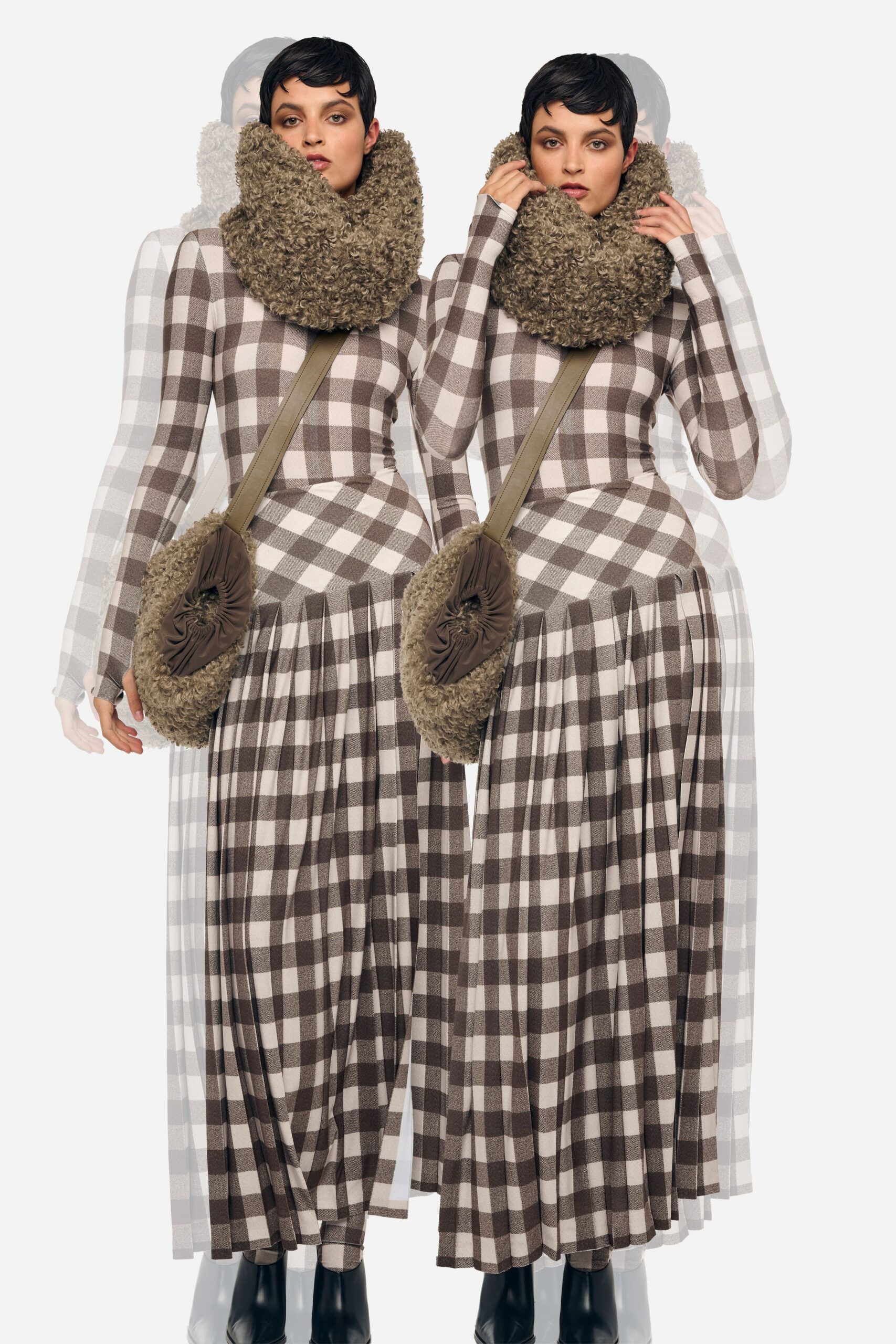brown checked maxi dress with scarf